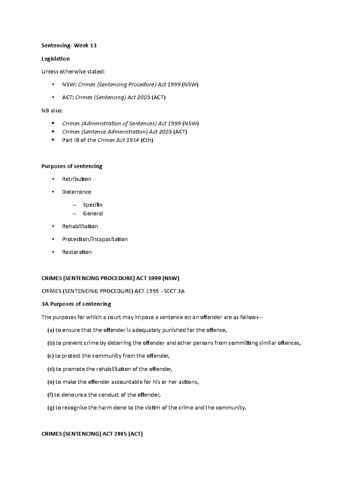 Sentencing-Week 14 - Lecture note on sentencing etc. - Sentencing- Week ...