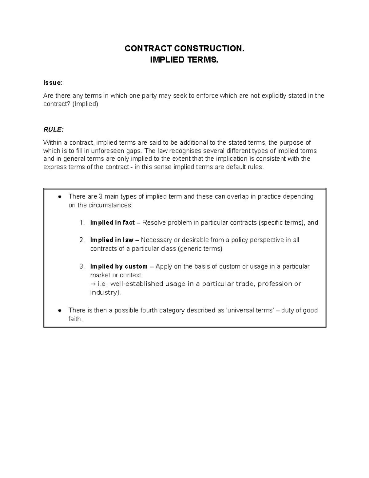 Contracts EG Implied Terms - CONTRACT CONSTRUCTION. IMPLIED TERMS ...
