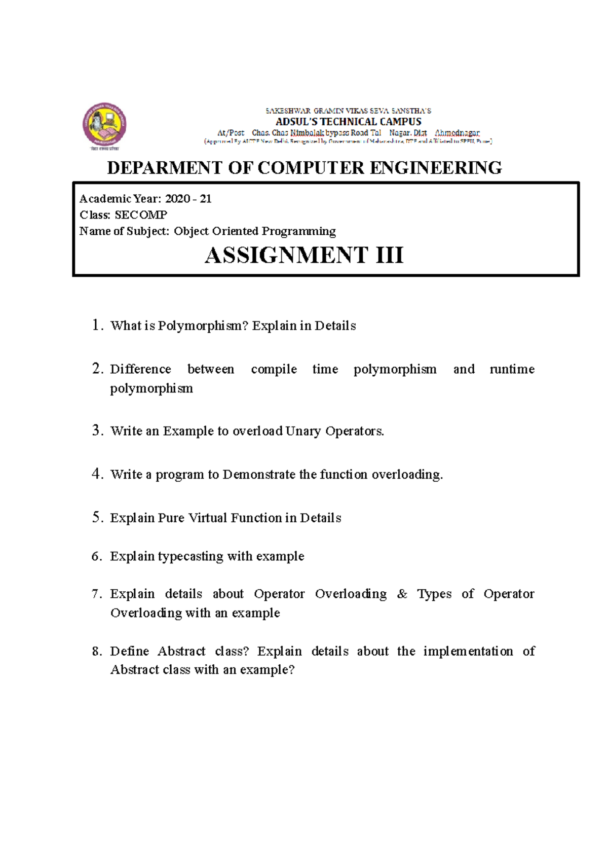 OOP Assignment' - Academic Year: 2020 - 21Class: SECOMP Name of Subject ...
