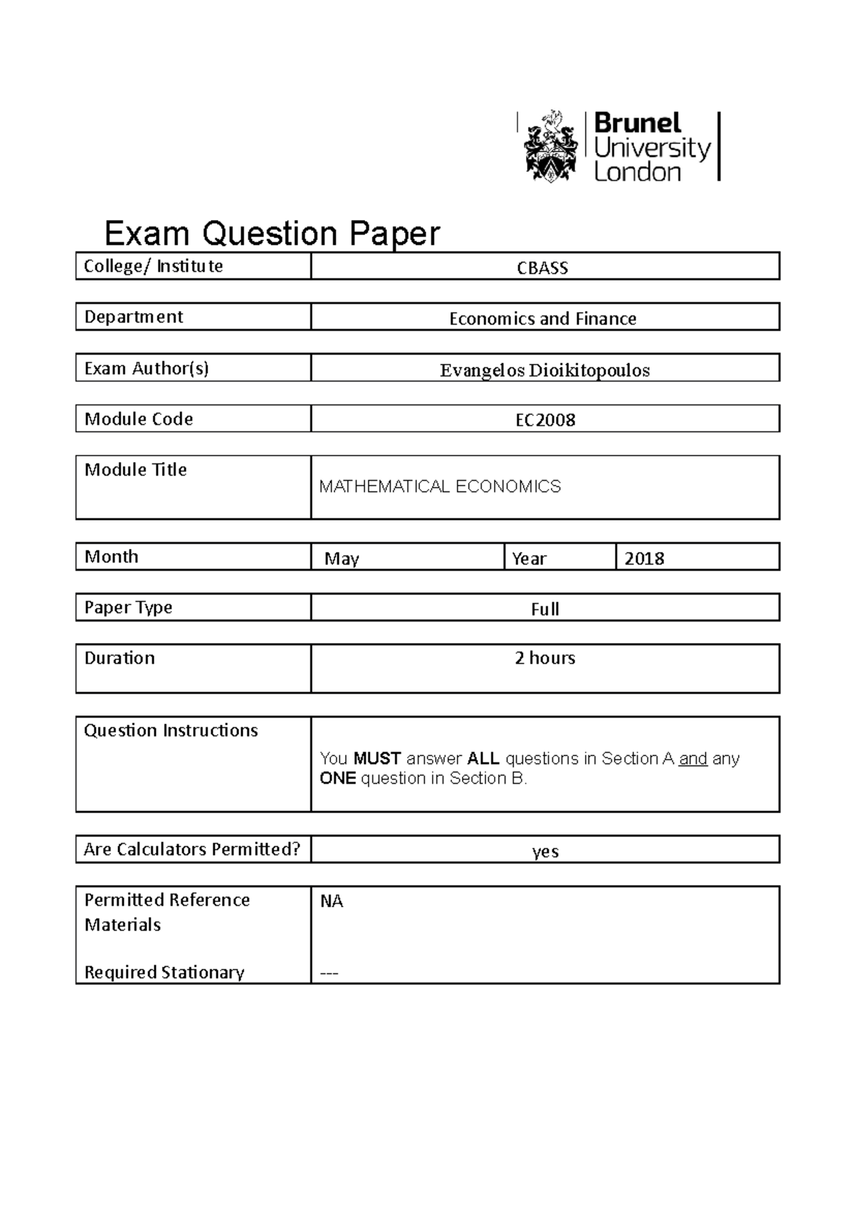 EC2008 May 2018 - Final may exam paper - Exam Question Paper College ...