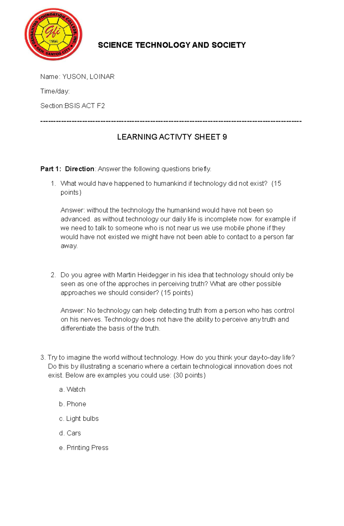 Activity-6 - Thank You - SCIENCE TECHNOLOGY AND SOCIETY Name: YUSON ...