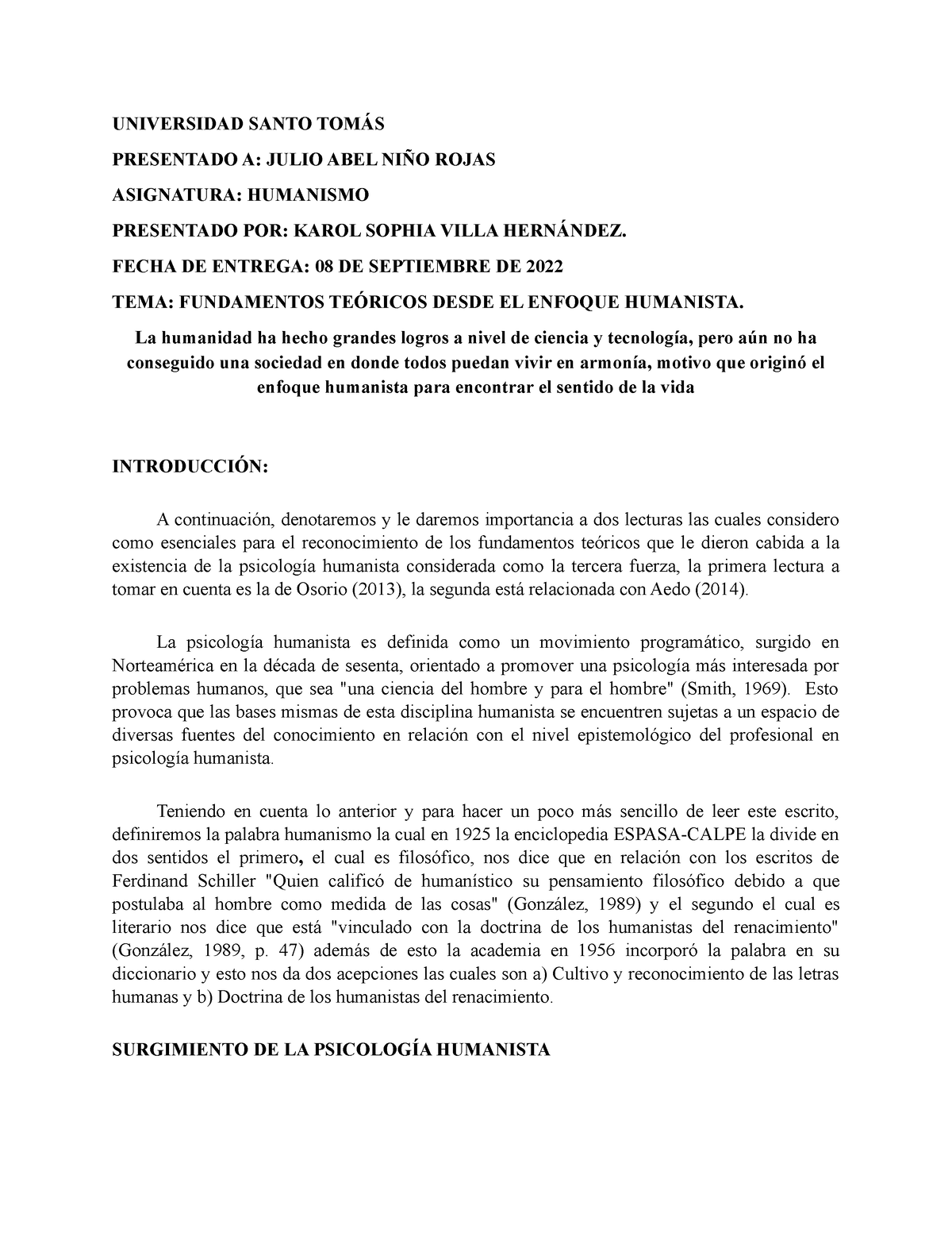 Texto Argumentativo Humanismo - UNIVERSIDAD SANTO TOMÁS PRESENTADO A ...