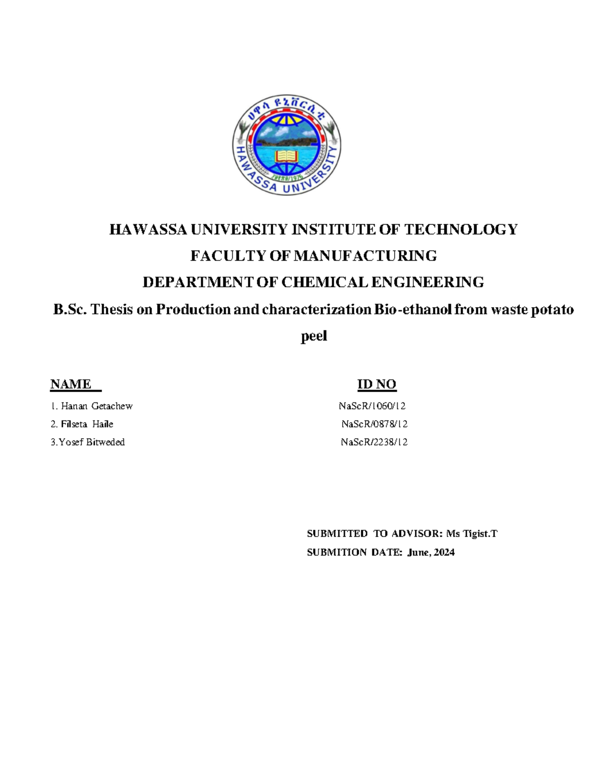 Progress Report - HAWASSA UNIVERSITY INSTITUTE OF TECHNOLOGY FACULTY OF ...