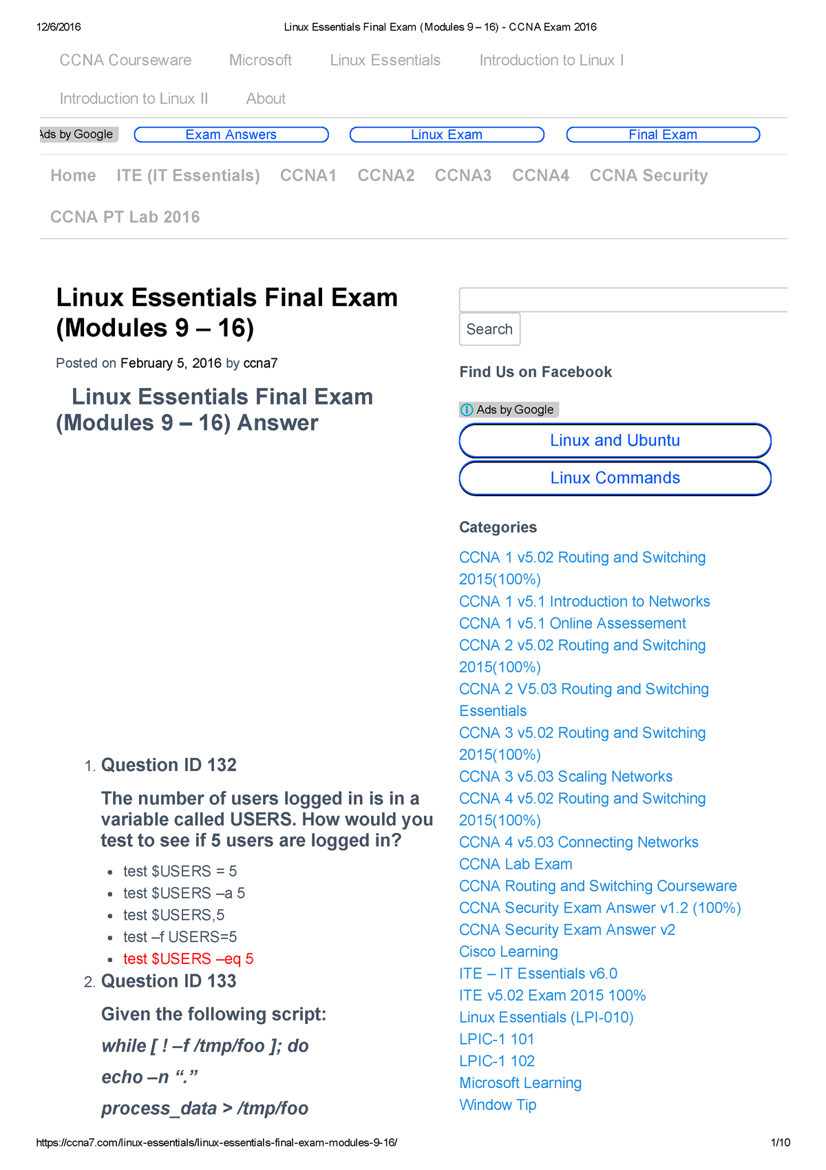 Pdfcoffee - Vvv - Linux Essentials Final Exam (Modules 9 – 16) Posted ...