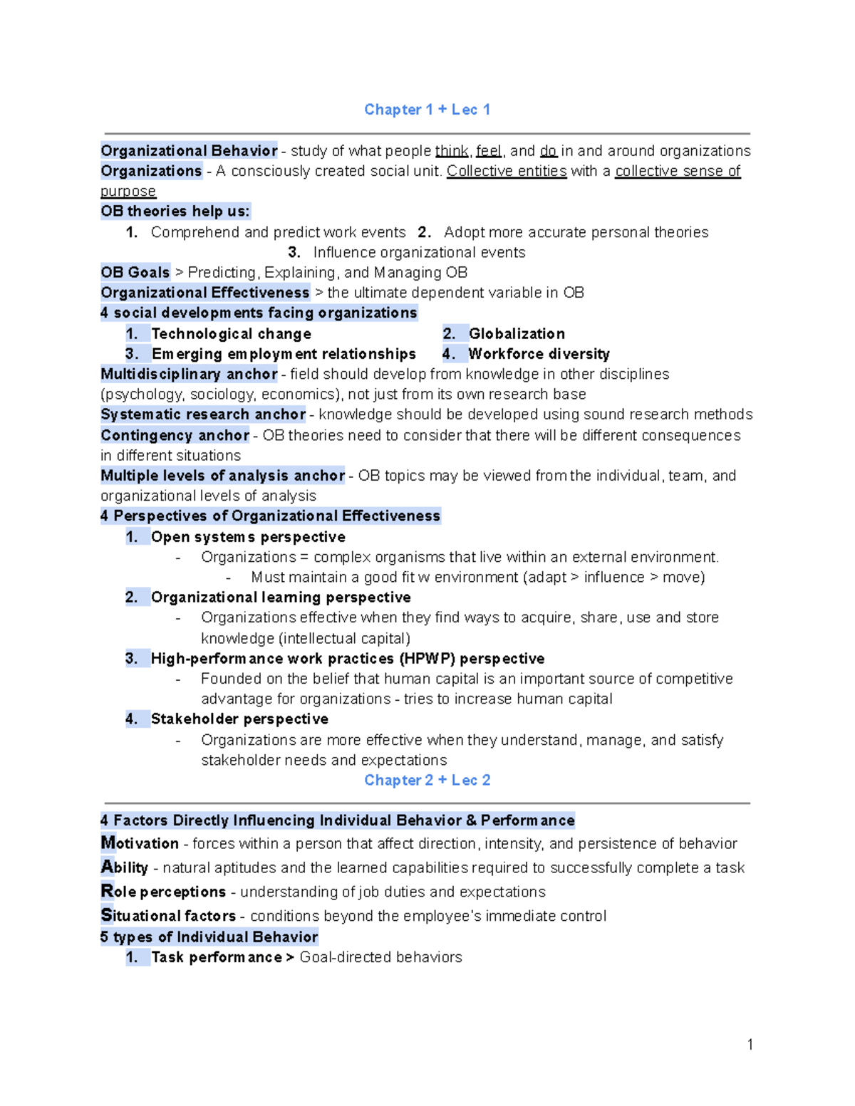 BUSI2121 Midterm Study Sheet - Chapter 1 + Lec 1 Organizational ...