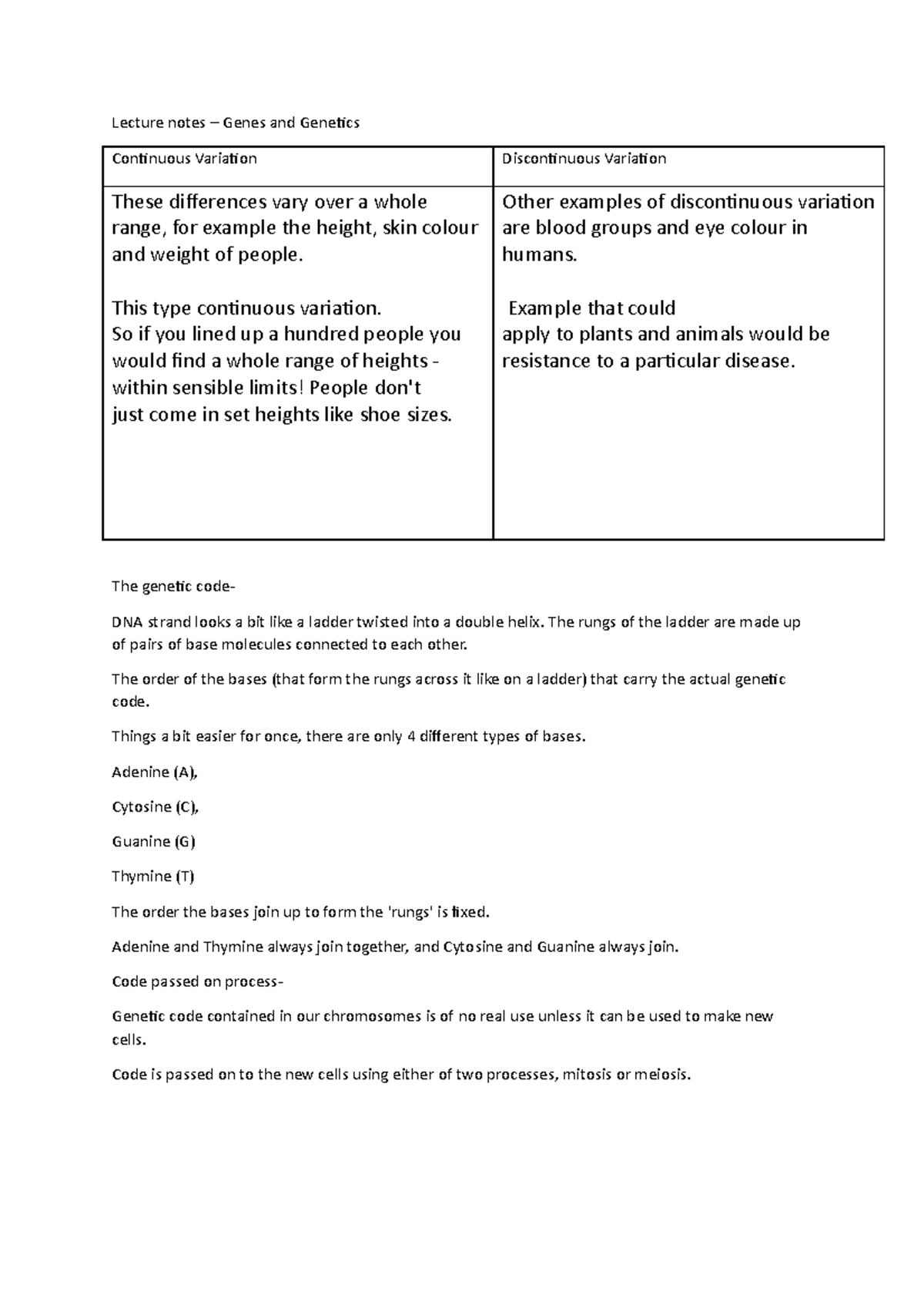 Lecture notes - Genes and Genetics - Lecture notes – Genes and Genetics ...
