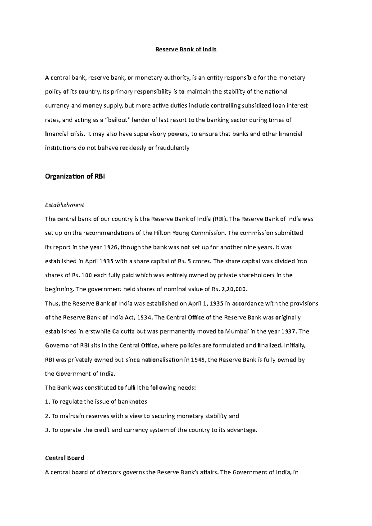 Bankng 3 - Lecture notes 6 - Reserve Bank of India A central bank ...