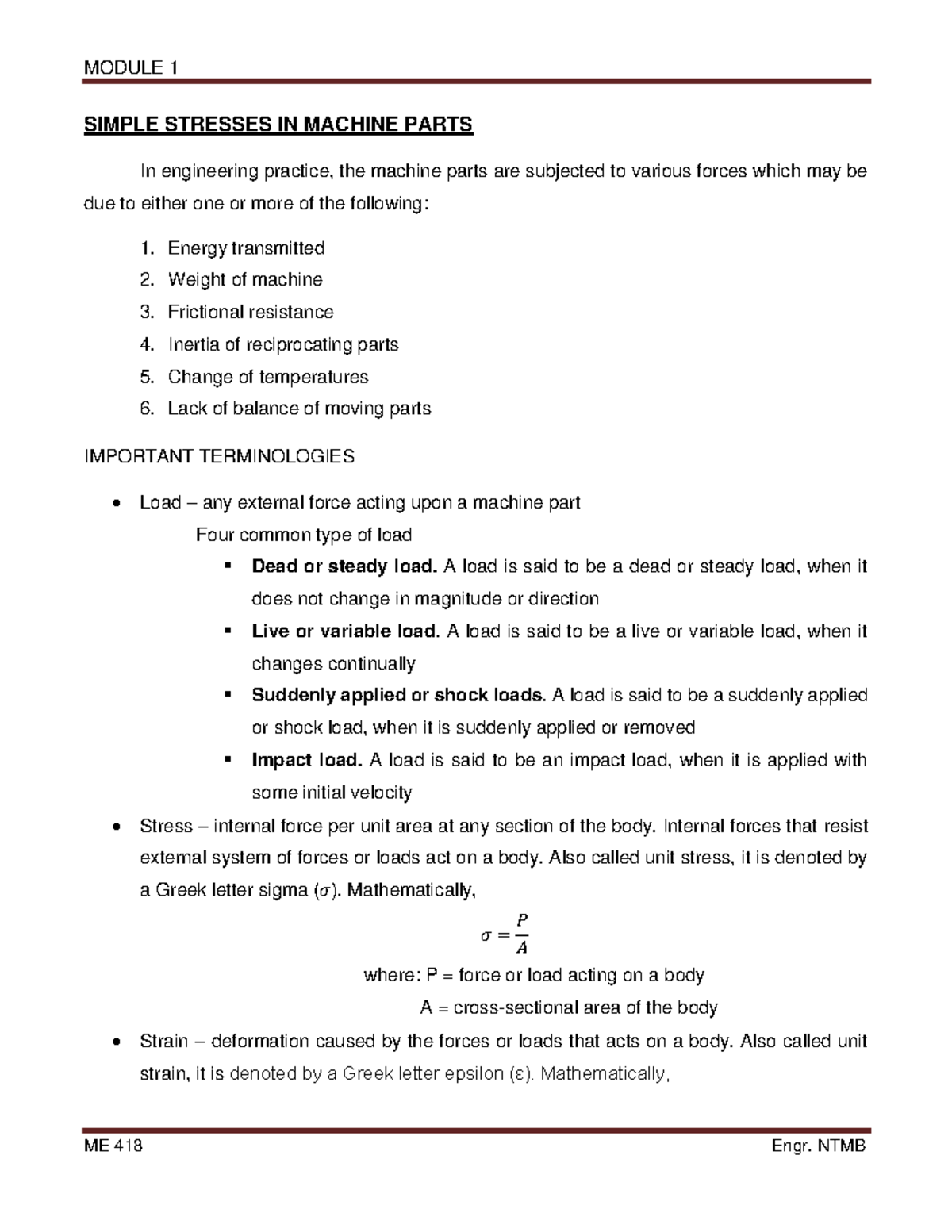 Module-1 - Reviewer - SIMPLE STRESSES IN MACHINE PARTS In engineering ...