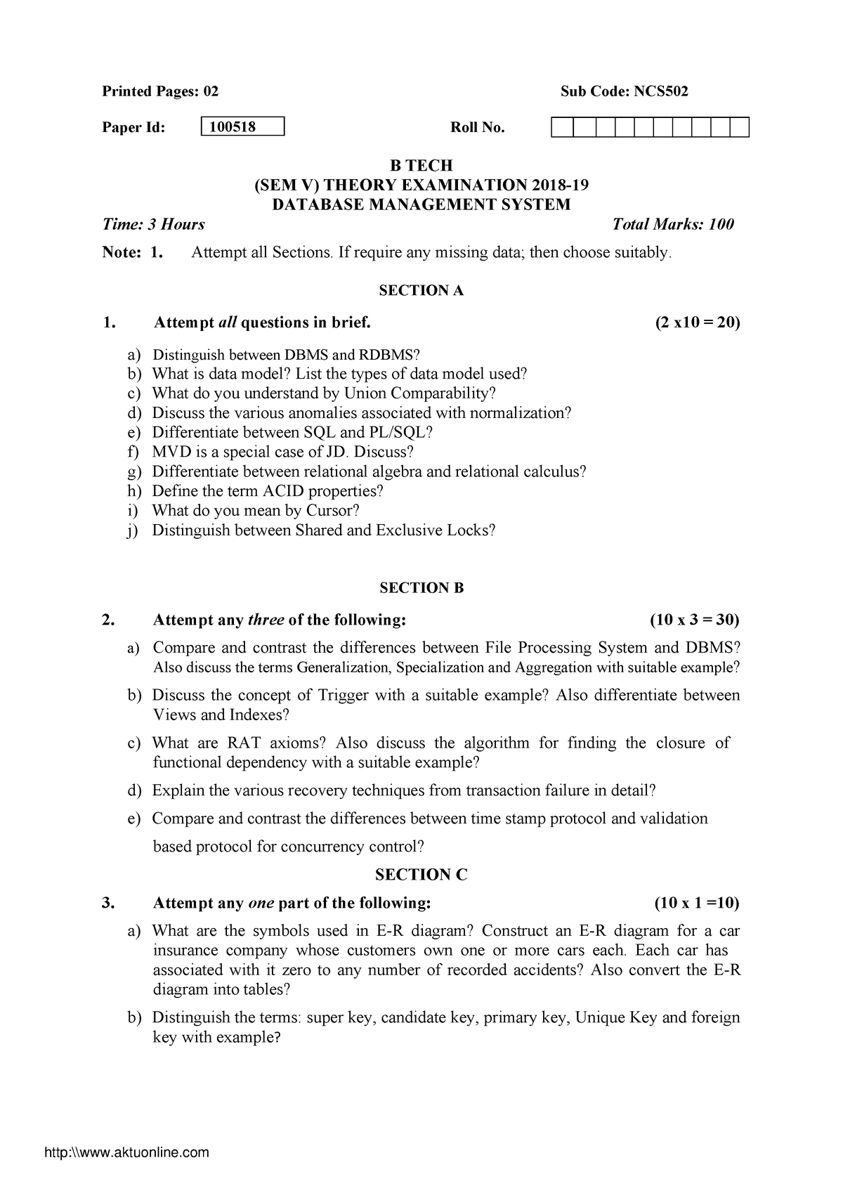 Btech Cs 5 Sem Database Management System Ncs 502 2018 19 - Printed ...