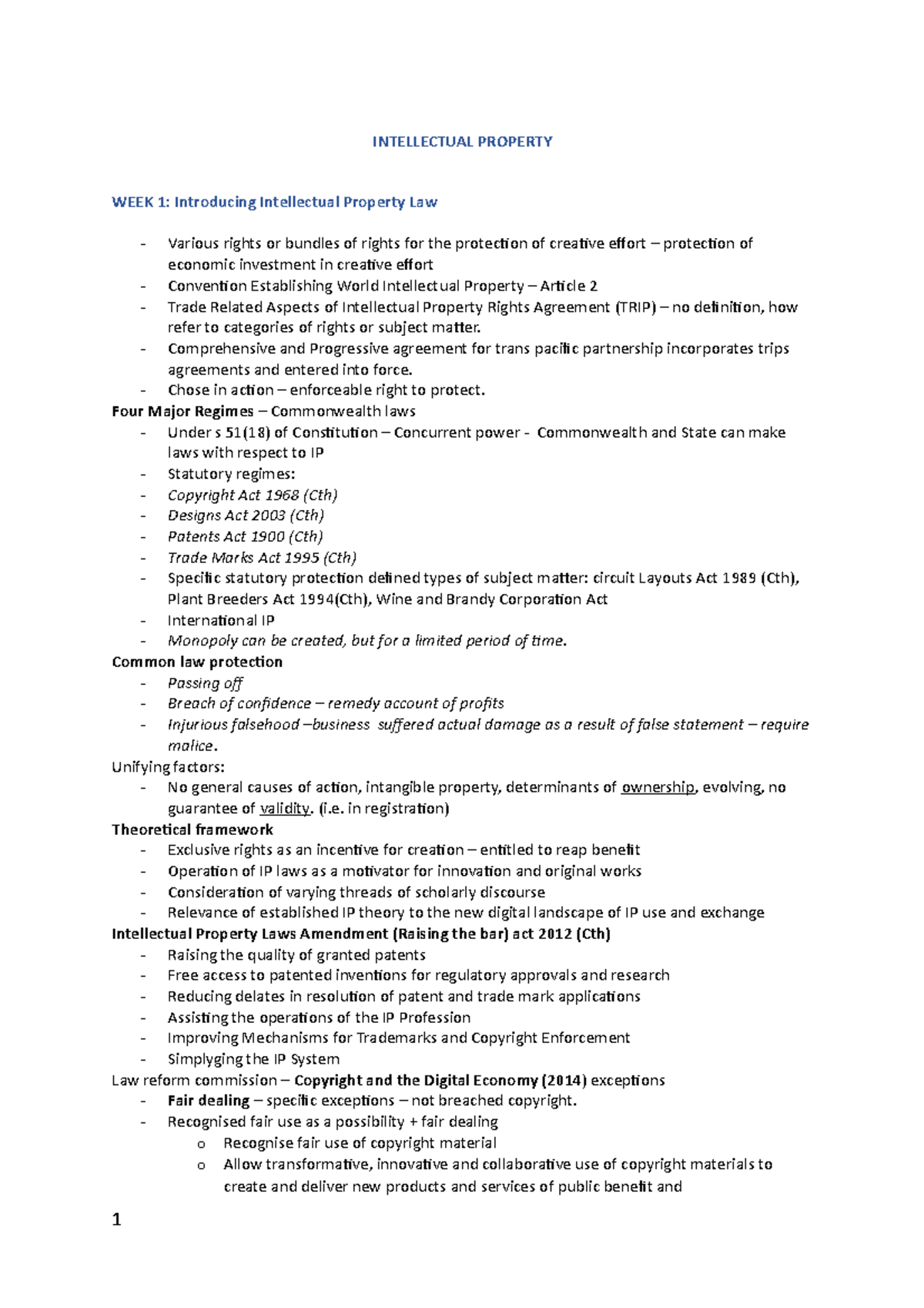 Intellectual Property Notes - INTELLECTUAL PROPERTY WEEK 1: Introducing ...