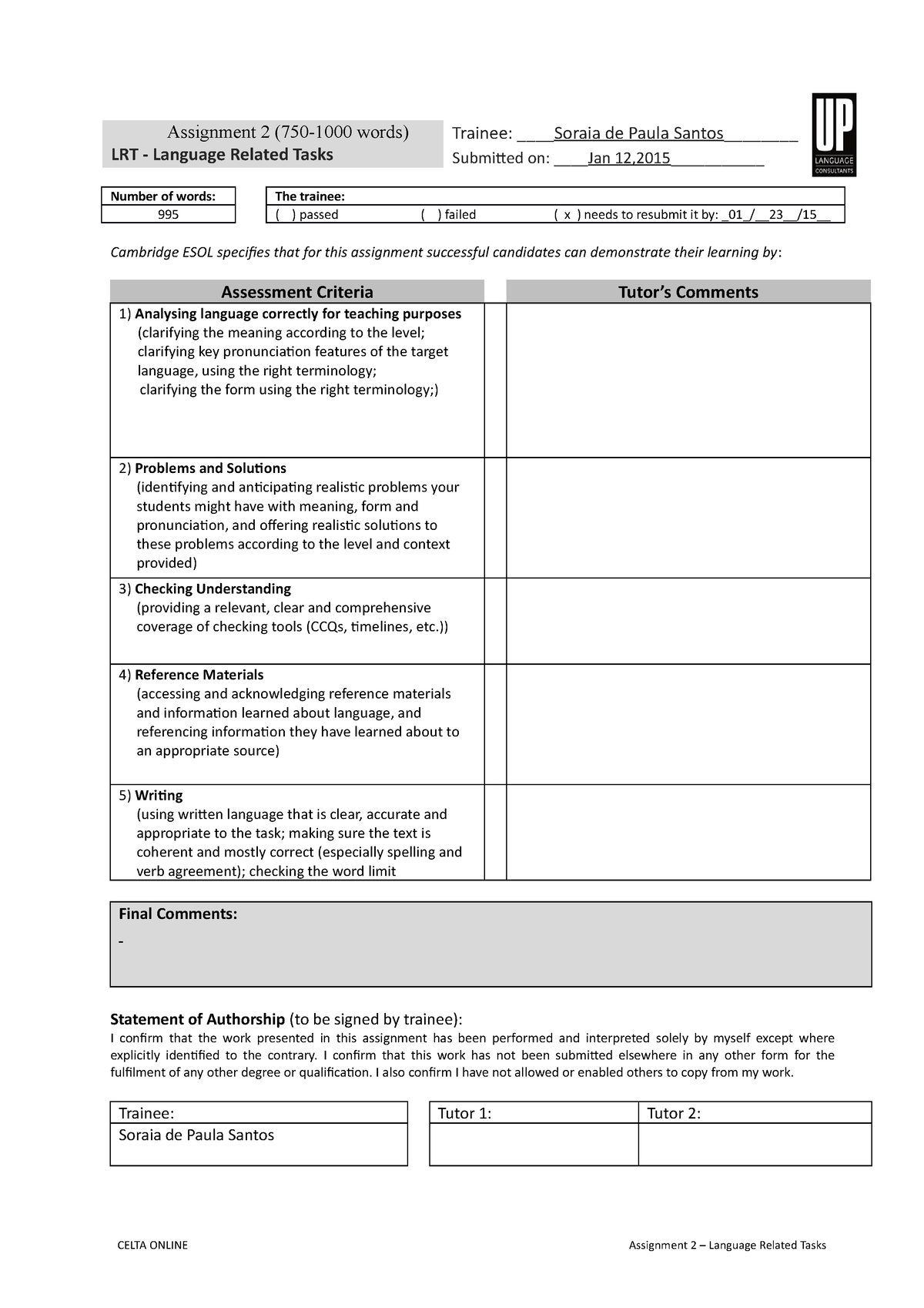 Assignment 2 750 1000 words LRT Language Sample - Assignment 2 (750 ...