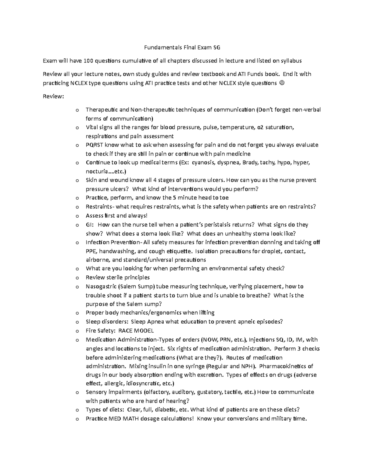 Final Key Points - Fundamentals Final Exam SG Exam will have 100 ...