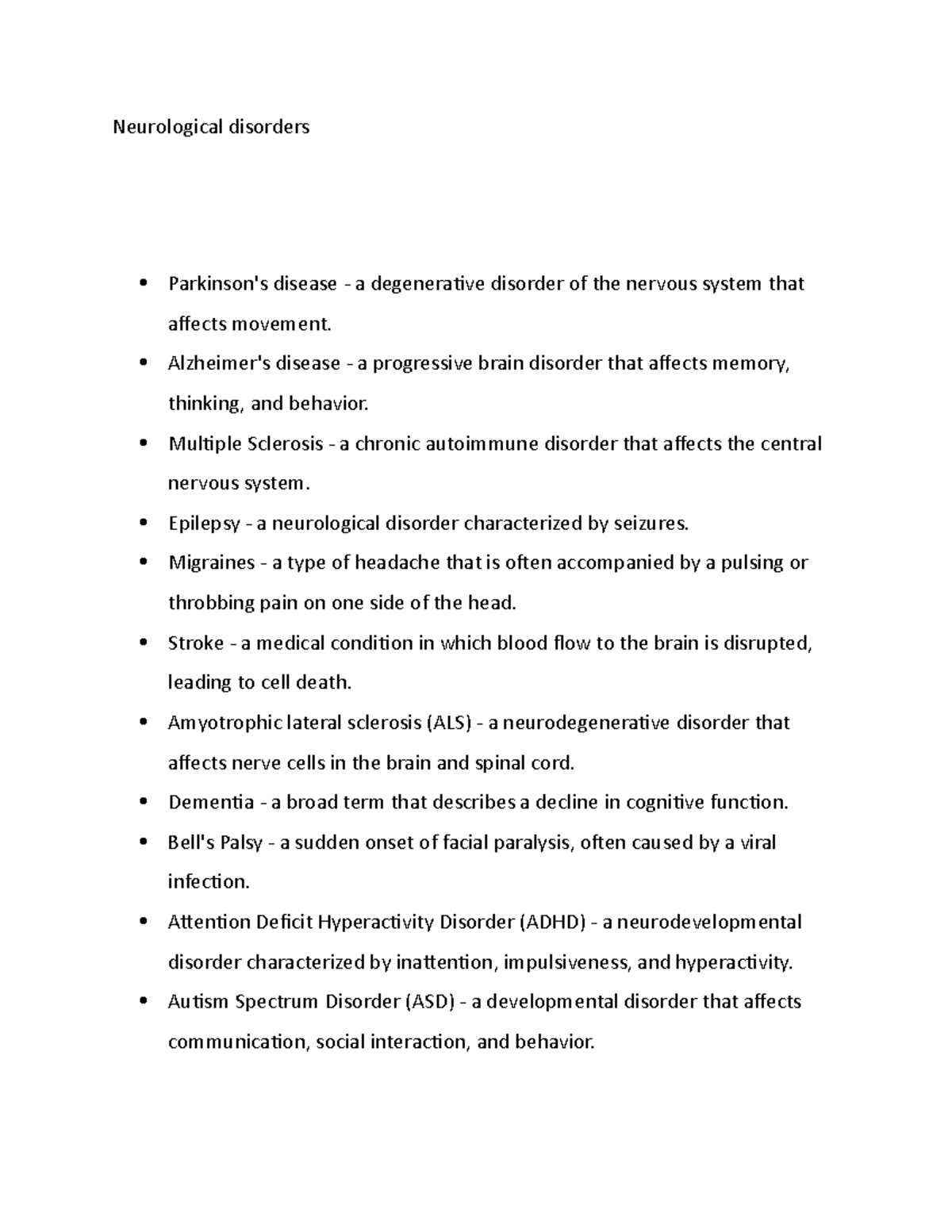 Neurological disorders notes - Neurological disorders Parkinson's ...