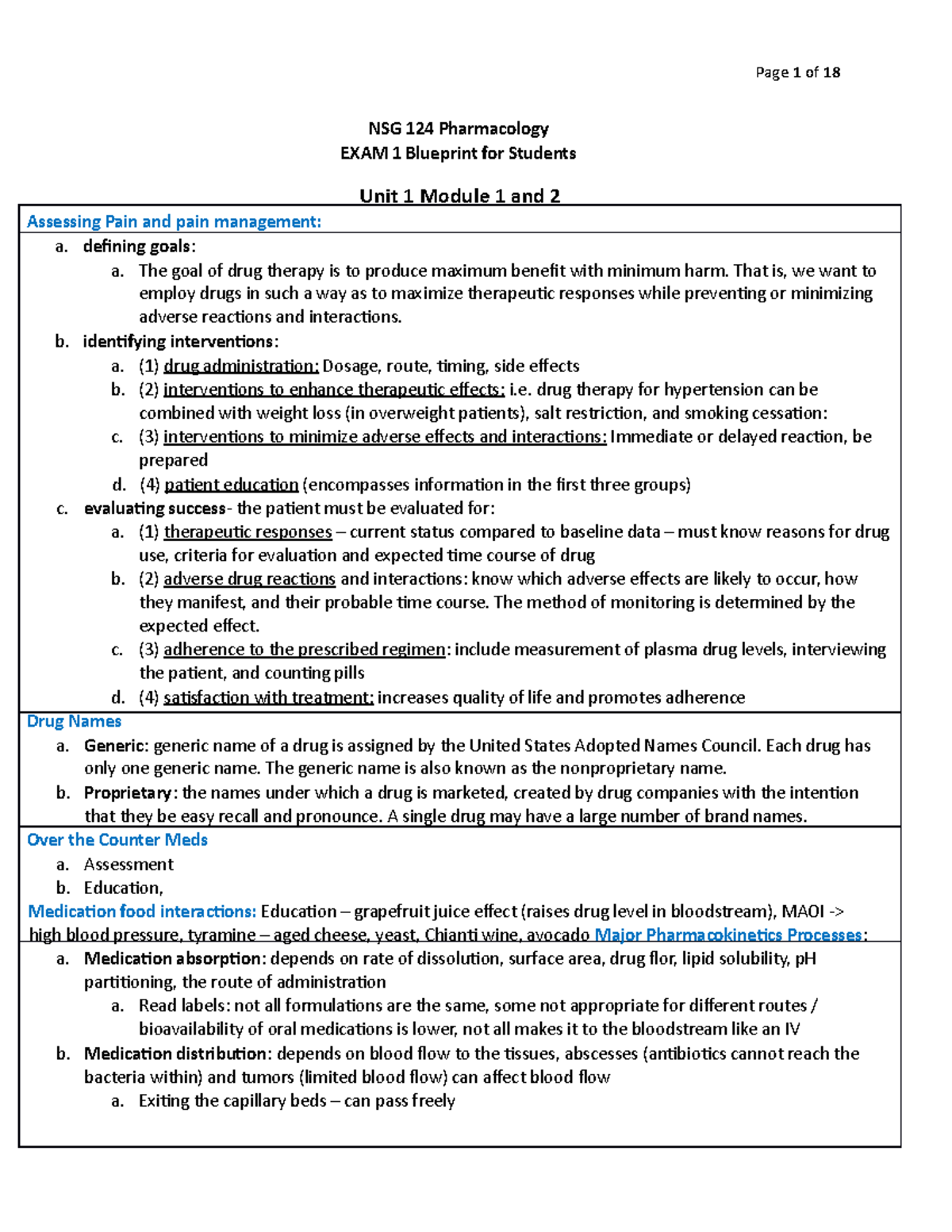 Exam 1 Study Guide - Exam 1 - NSG 124 Pharmacology EXAM 1 Blueprint For ...