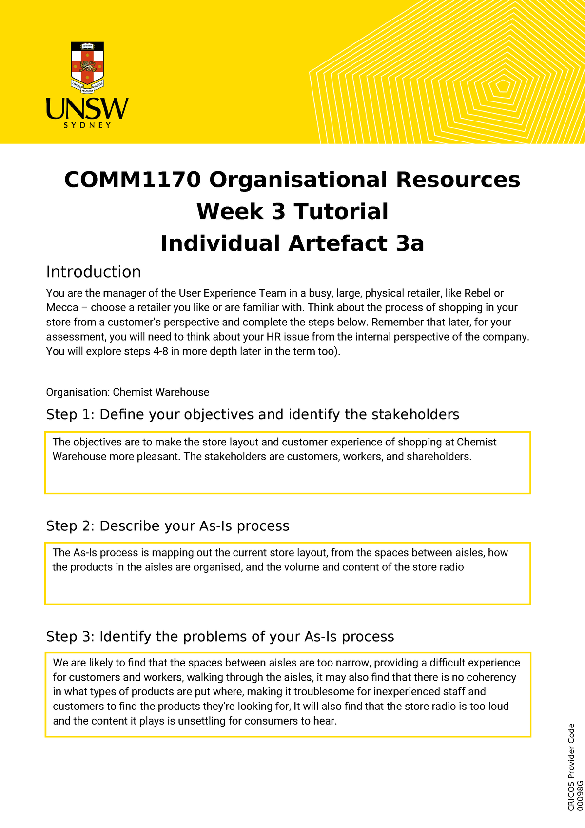 V2 Tutorial Worksheet 1 (Artefact 3a) - COMM1170 Organisational ...