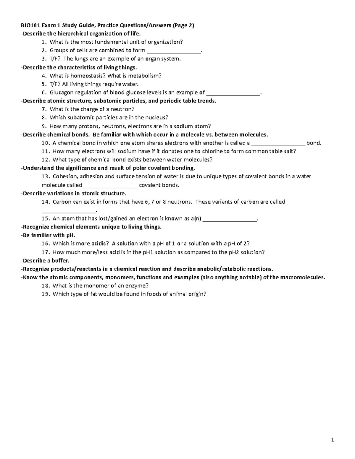 BIO101 Quick Study Guide For Exam 1 - BIO101 Exam 1 Study Guide ...