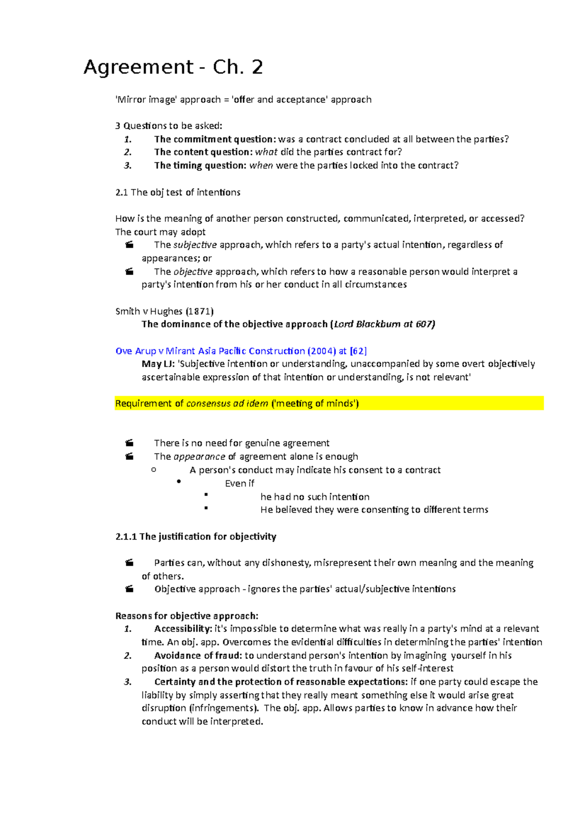 Agreement - chapter summary - Agreement - Ch. 2 'Mirror image' approach ...