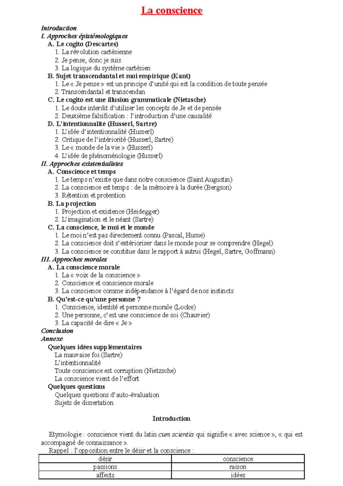 Conscience - philosophy - La conscience Introduction I. Approches ...