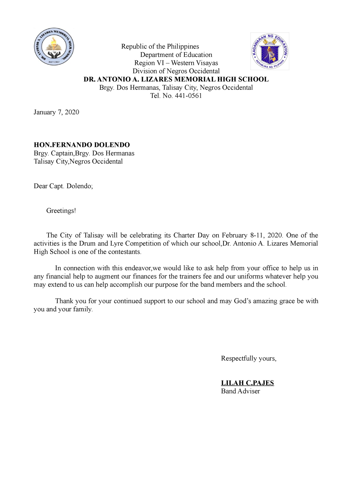 Band letter - Department of Education Region VI – Western Visayas ...