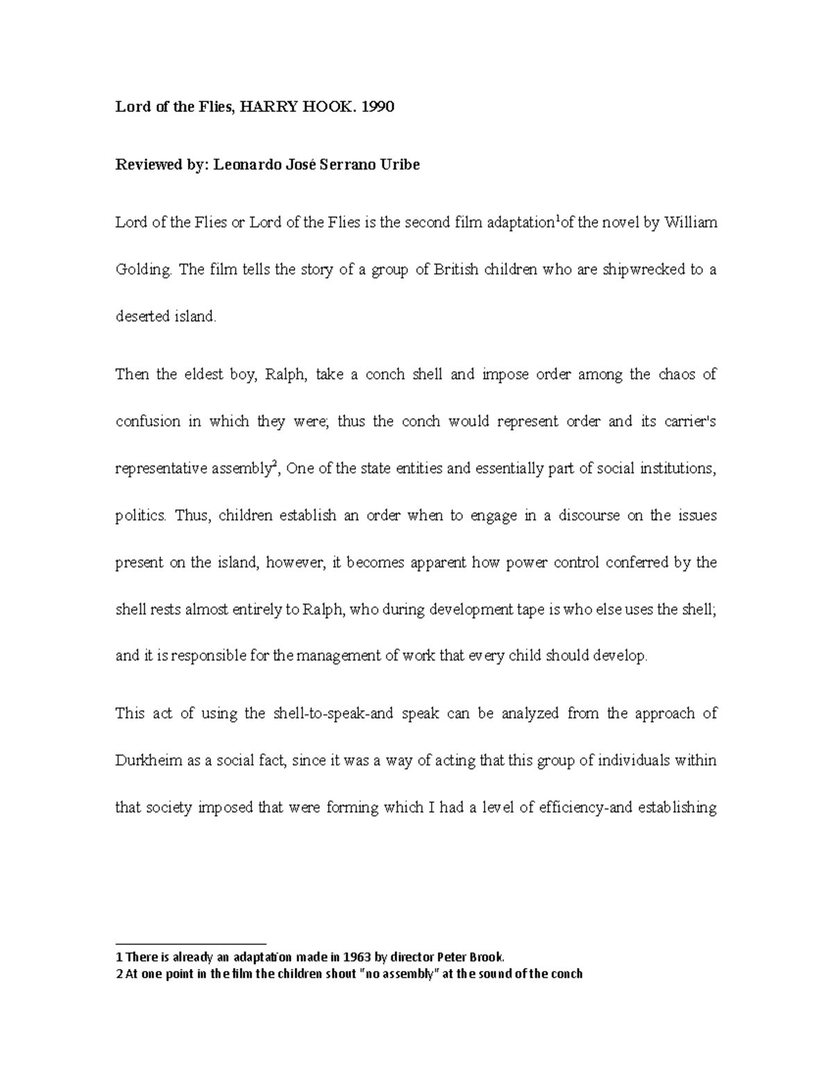 Lord of the Flies, Harry HOOK. 1990 Lord of the Flies, HARRY HOOK