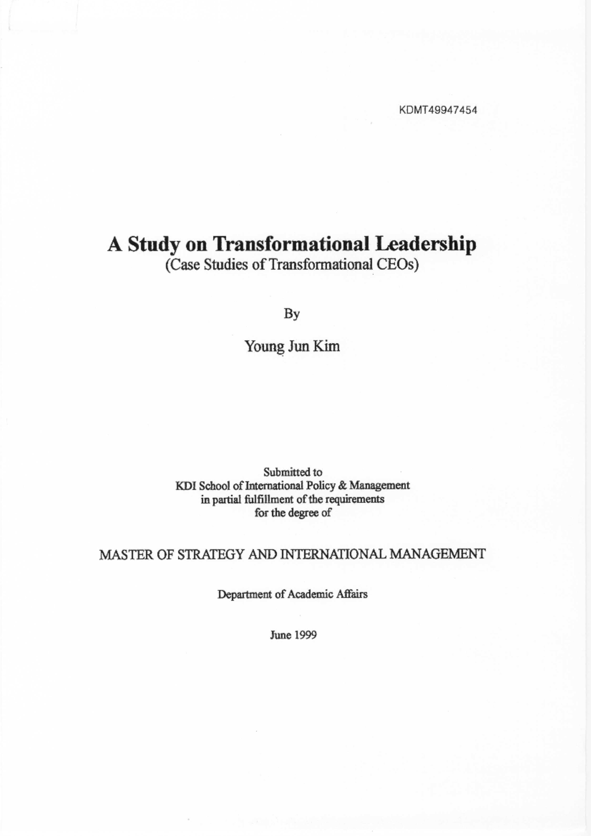 A Study on transformational leadership - Business - Studocu