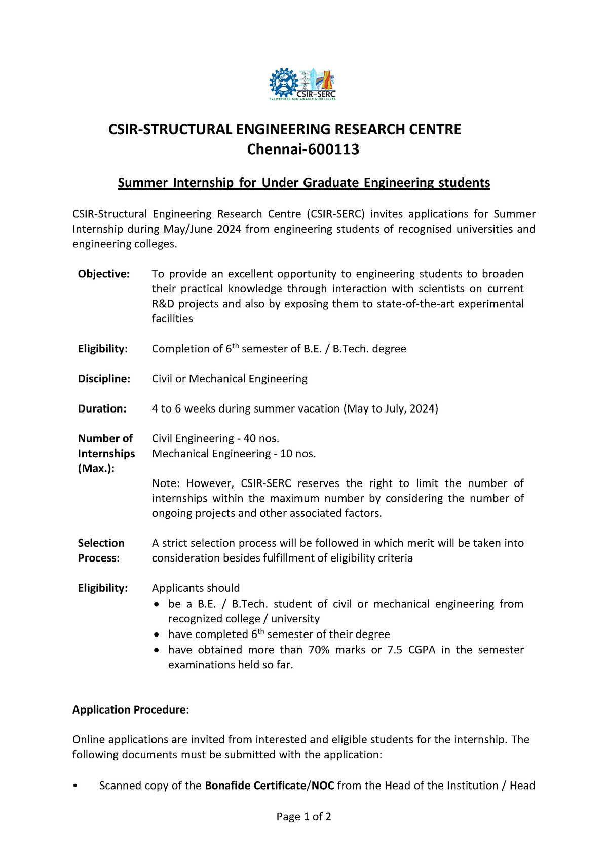 Guidelines Summer Internship 2024 Page 1 of 2 CSIRSTRUCTURAL