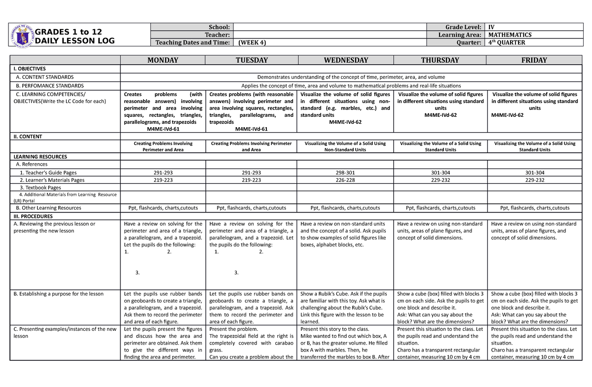 DLL Mathematics-4 Q4 W4 - GRADES 1 To 12 DAILY LESSON LOG School: Grade ...