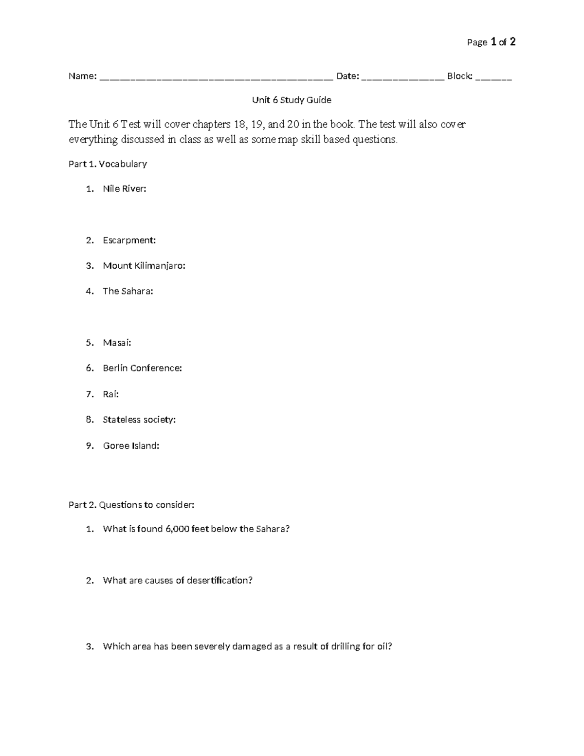 Unit 6 study guide 2 - Page 1 of 2 Name ...
