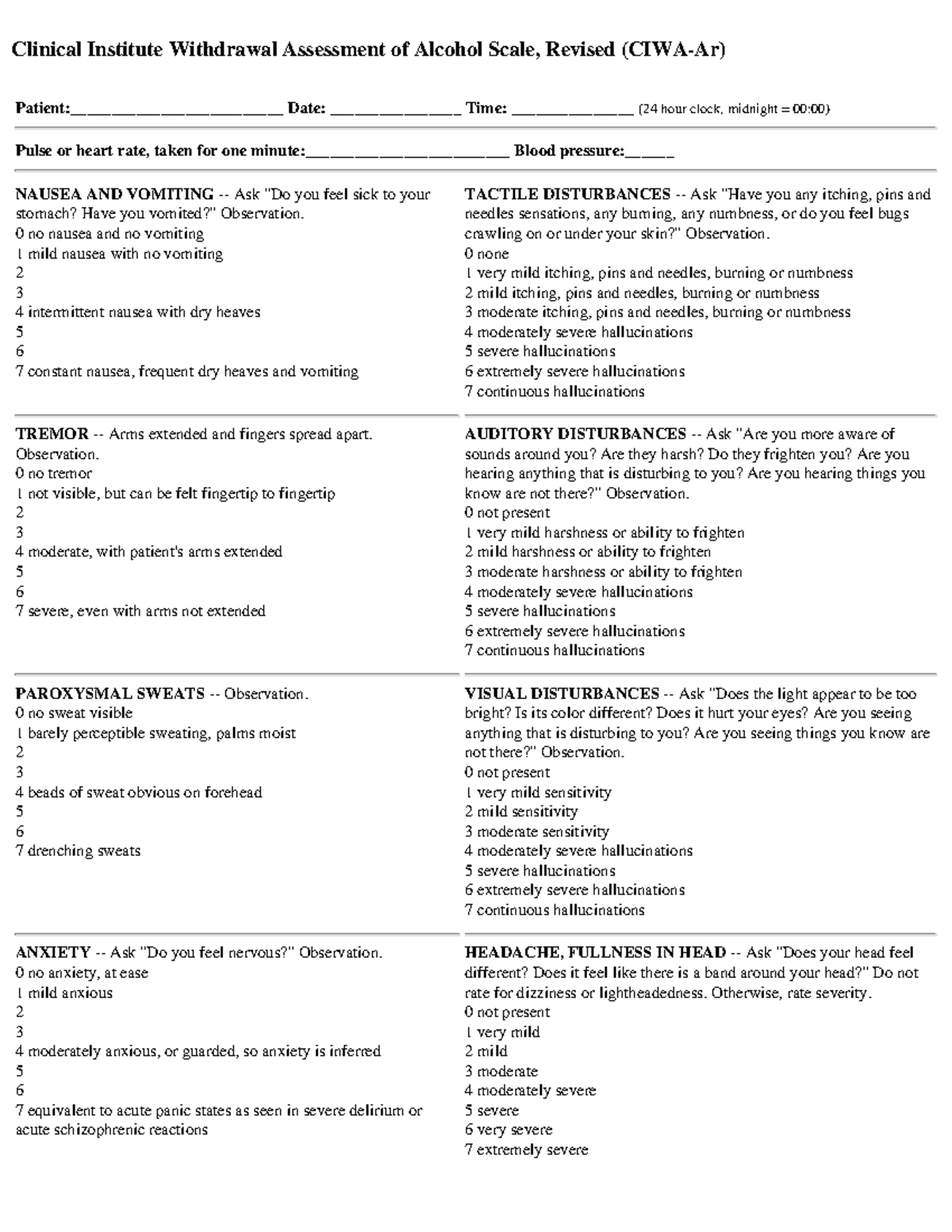 Alcohol withdrawal scale - Clinical Institute Withdrawal Assessment of