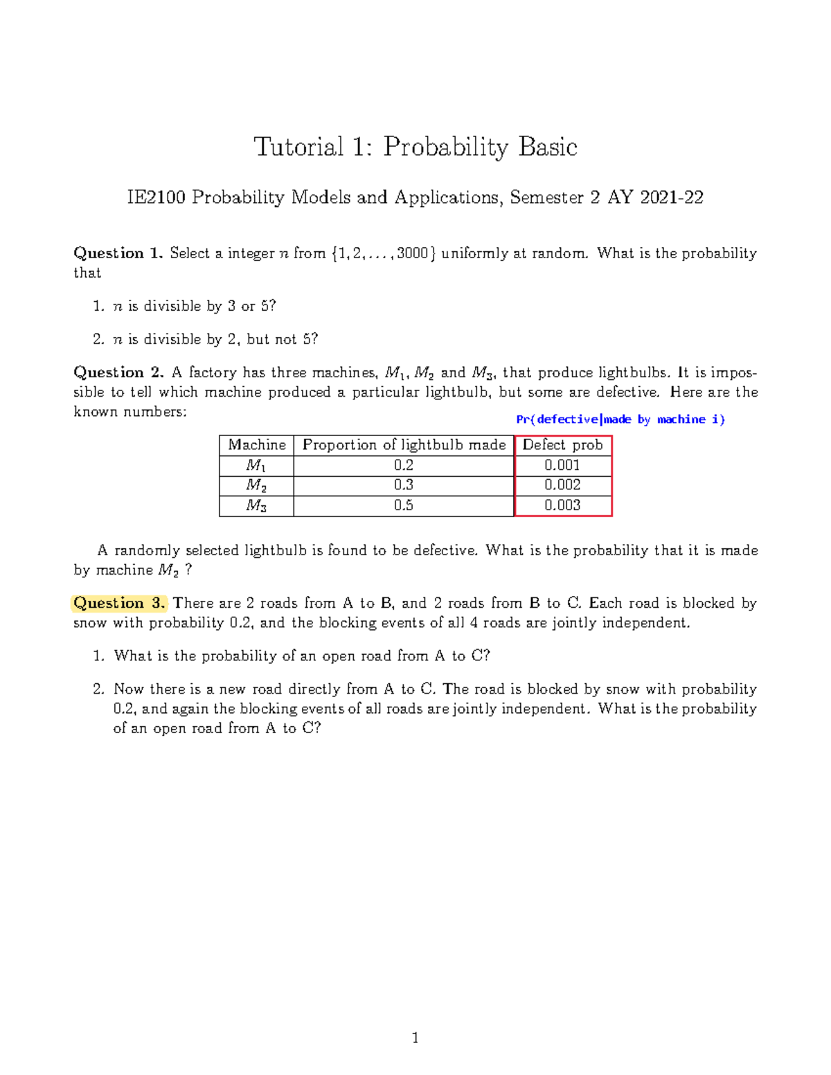 Tutorial 1 qns tutorial 1 probability basic ie2100 probability