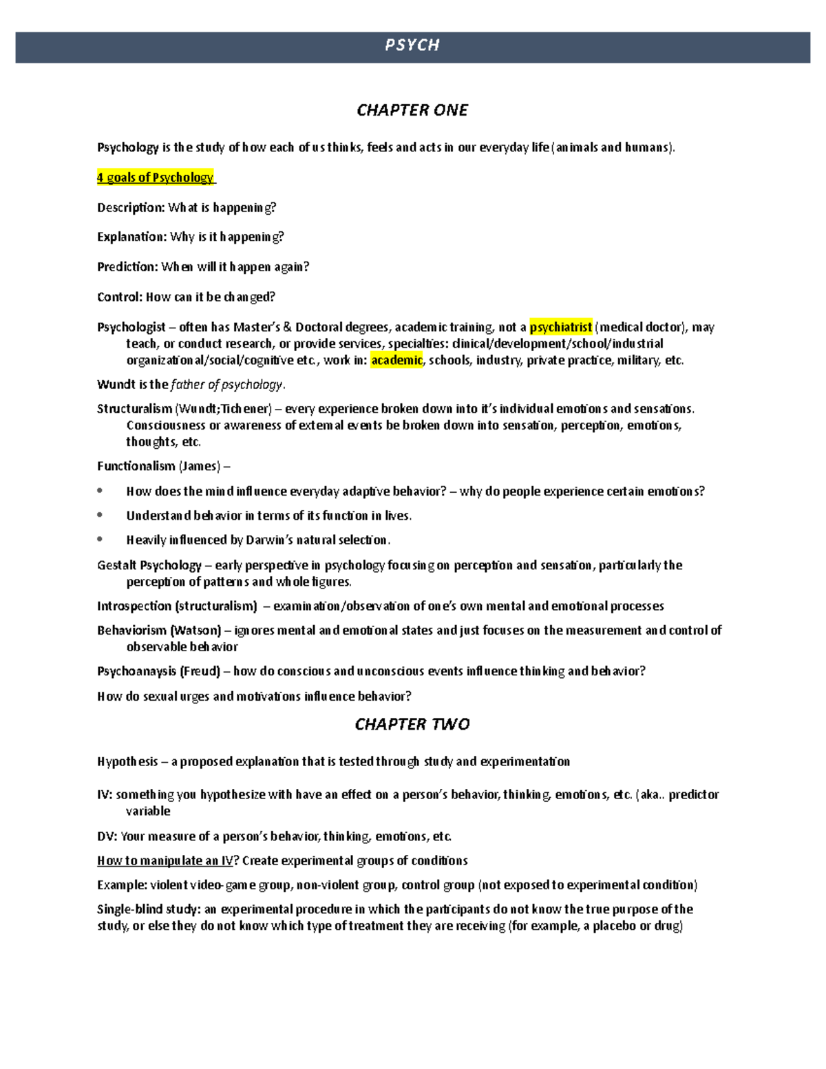 Final Study Guide - PSYCH 101 FINAL STUDY GUIDE CHAPTER ONE Psychology ...