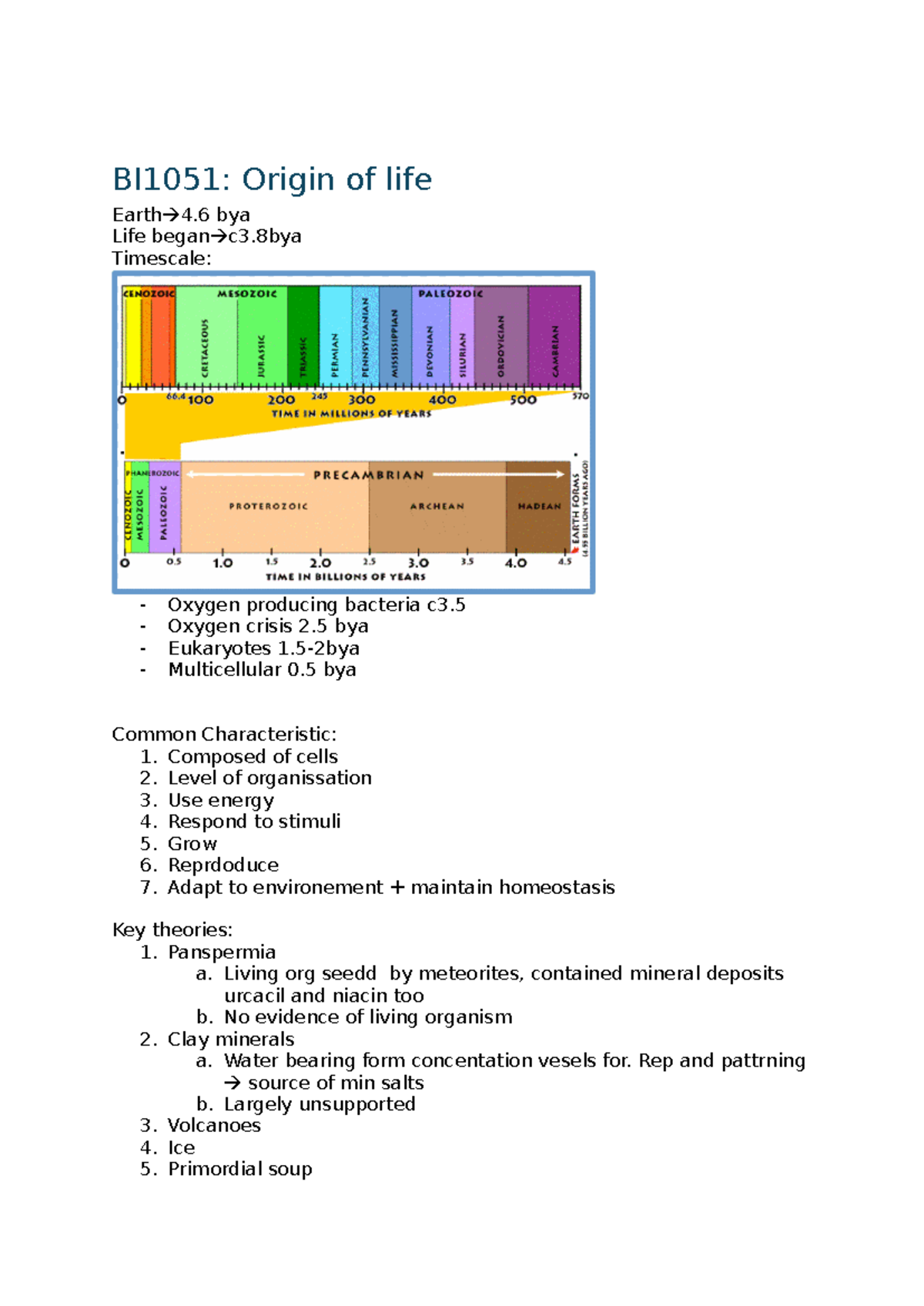 Essay bi001 notes - N/A - BI1051: Origin of life Earth 4 bya Life began ...