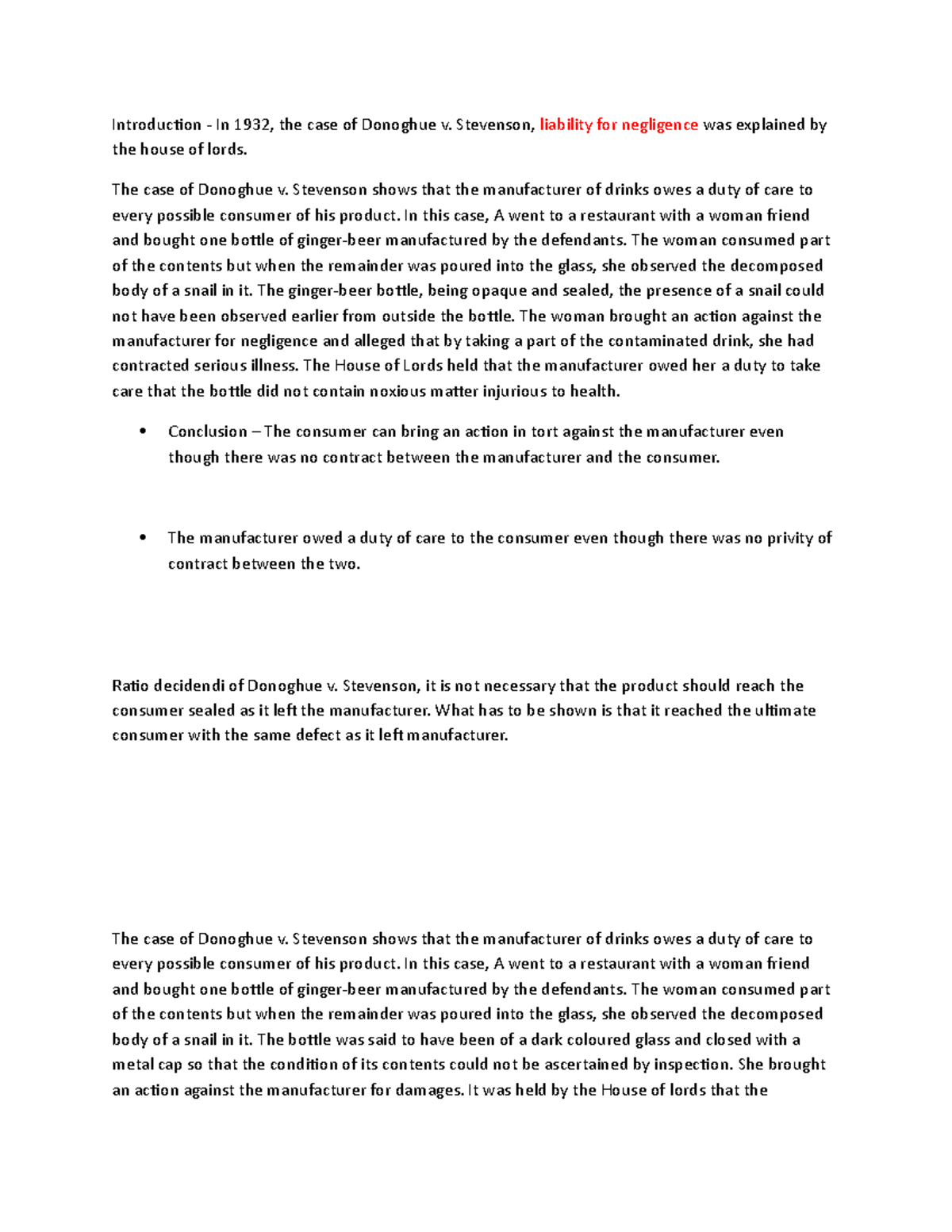 Donoghue Vs Stevenson - Lecture notes 1 - Introduction In 1932, the ...