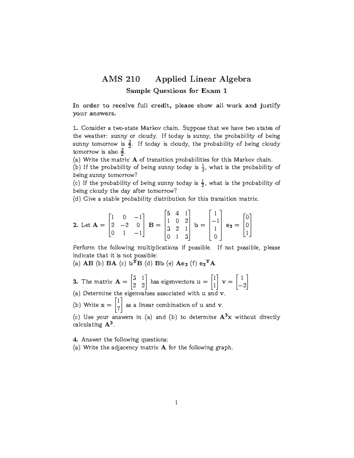 AMS210 Sample Exam1 - AMS 210 Applied Linear Algebra Sample Questions ...