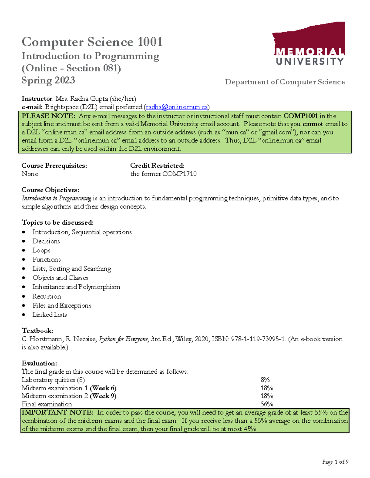 Cs1001 Distance Course Outline S2023 - Computer Science 1001 ...