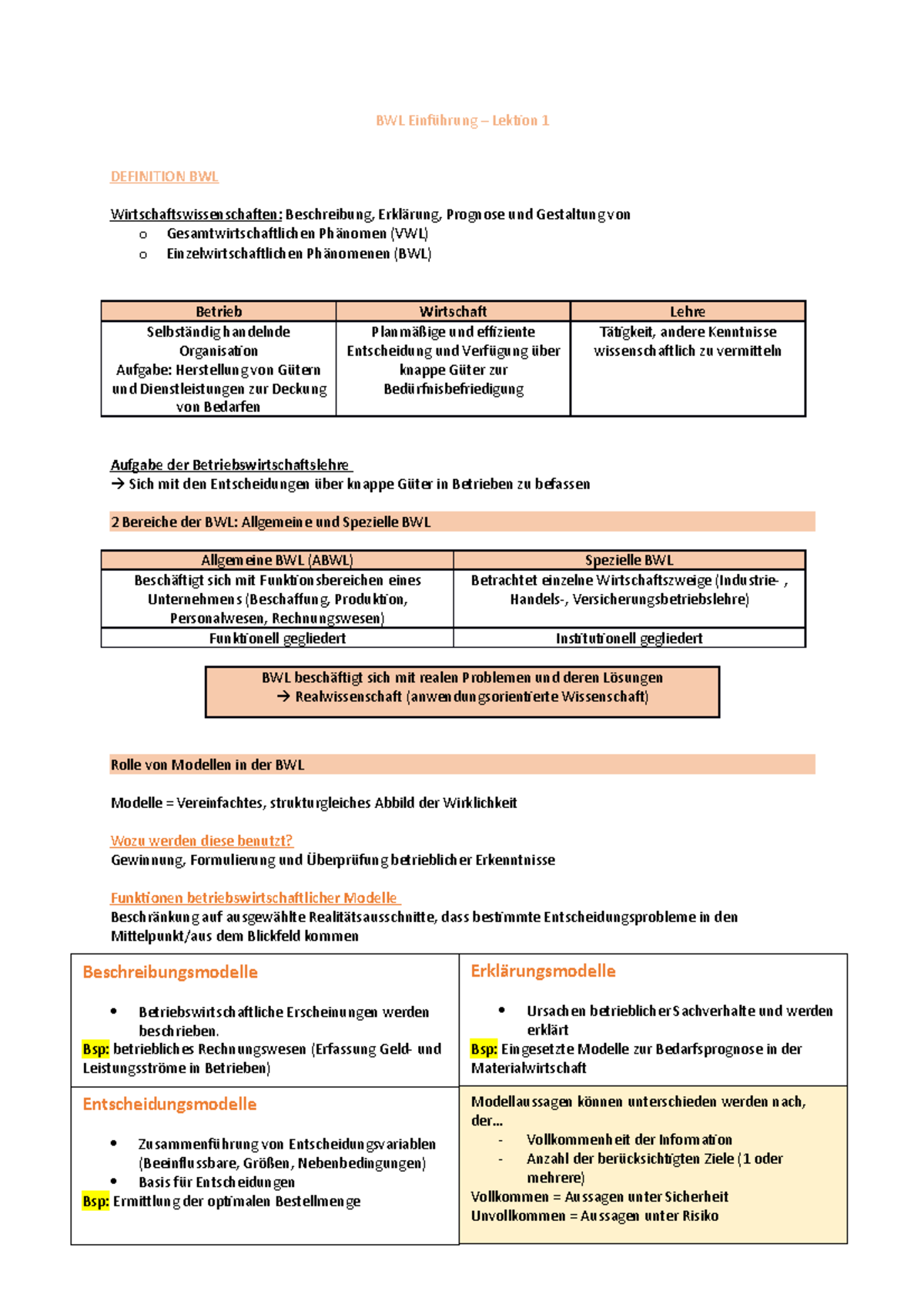 BWL Zusammenfassung - - BWL Einführung – Lektion 1 DEFINITION BWL