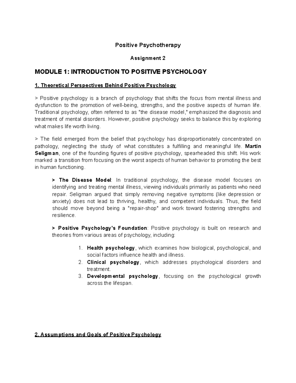 Module 1 and Module 2 - Positive Psychotherapy Assignment 2 MODULE 1 ...