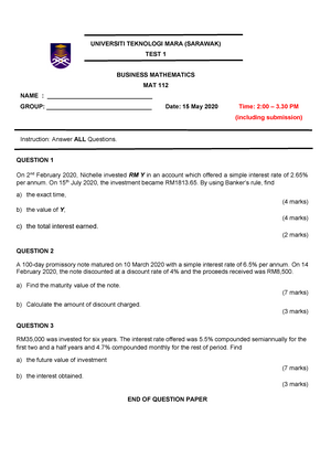 Mat112 Test1 May2020 Business In Mathematics Uitm Studocu