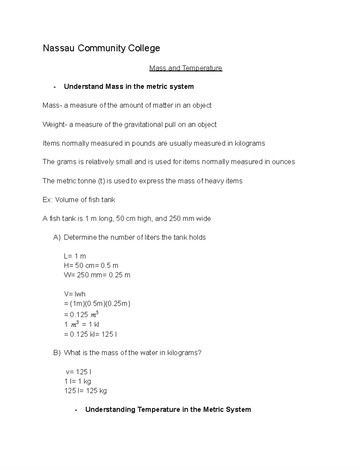 Mass and Temperature - Google Docs - Nassau Community College Mass and ...