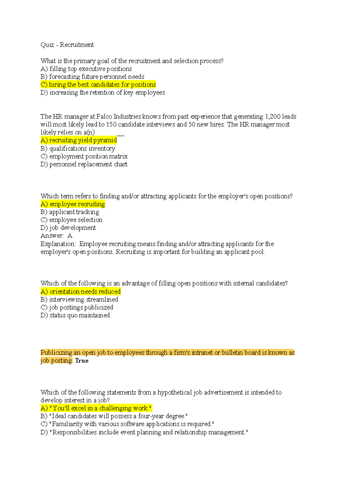 Quiz recruitment 12 st organisational and human resource Quiz