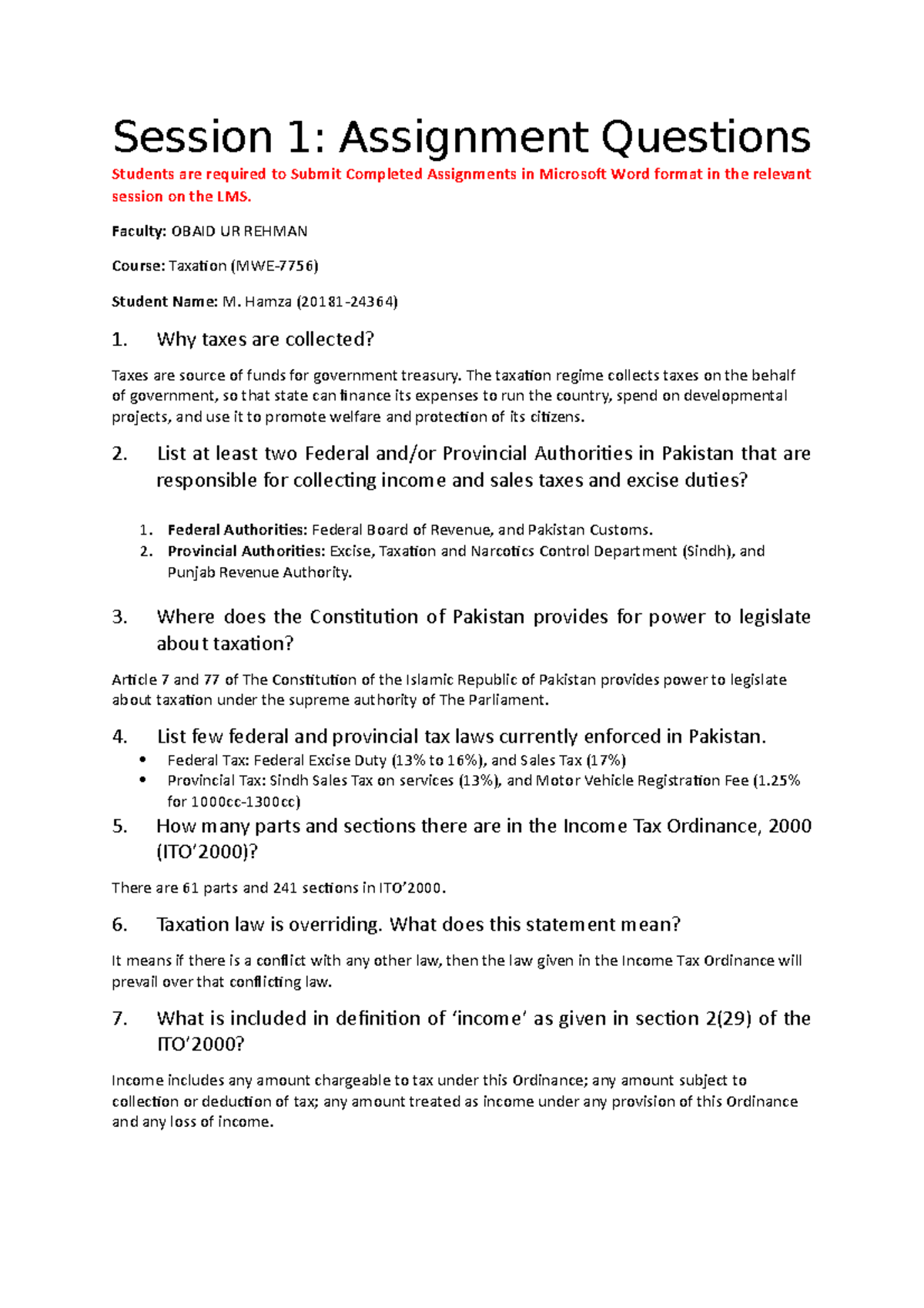 M. Hamza - 24364 - Taxation - (Assignment-1) - Session 1: Assignment ...
