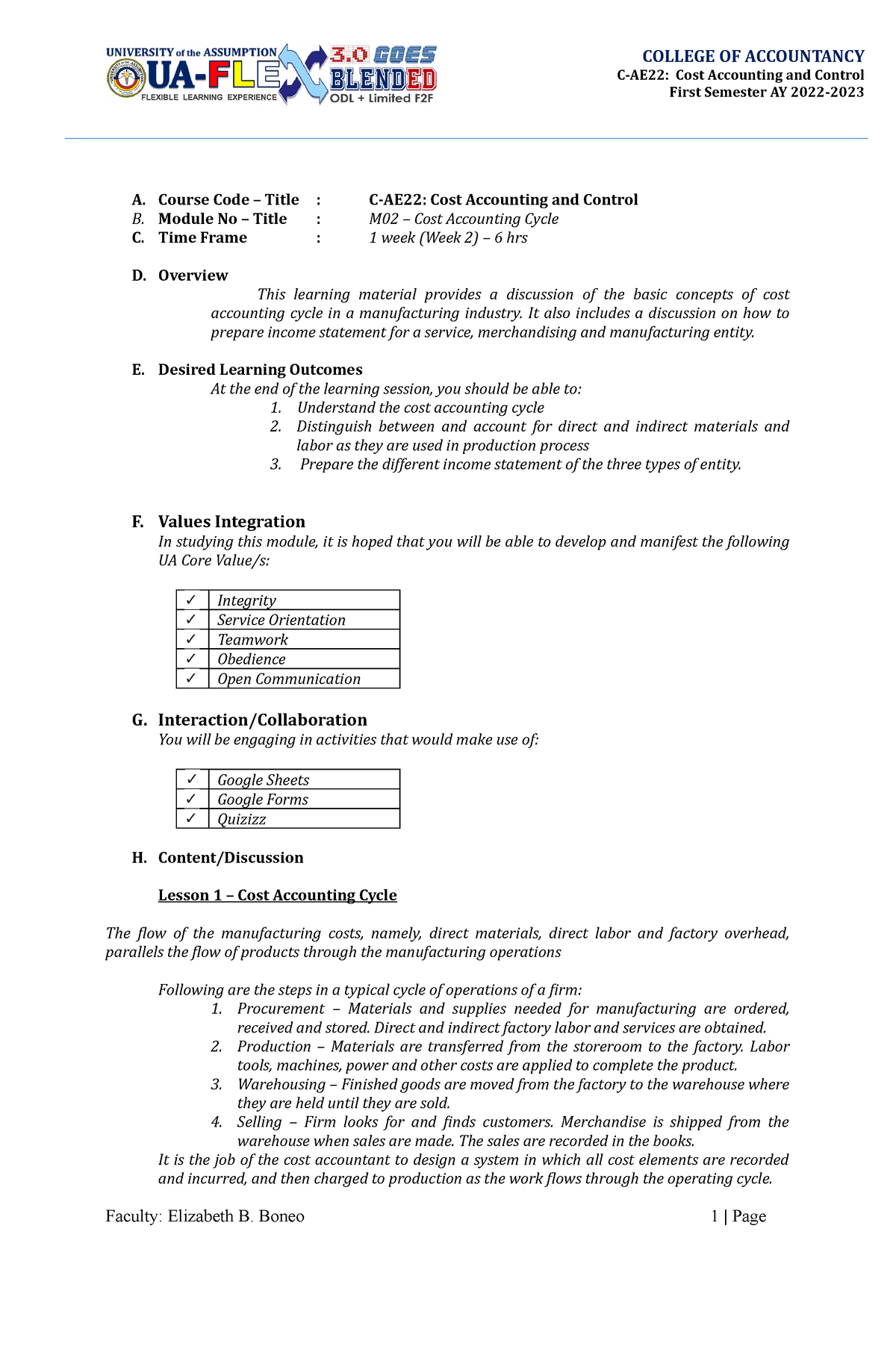 Module 2 - none - A. Course Code – Title : C-AE22: Cost Accounting and ...