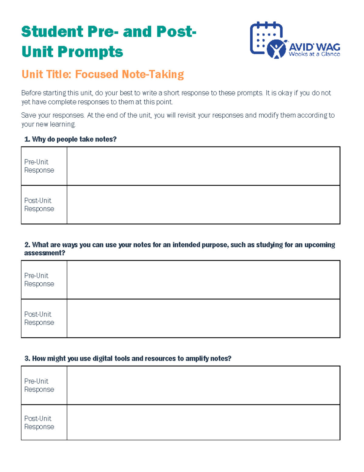 FNT Pre and Post - jkj - Student Pre- and Post- Unit Prompts Unit Title ...