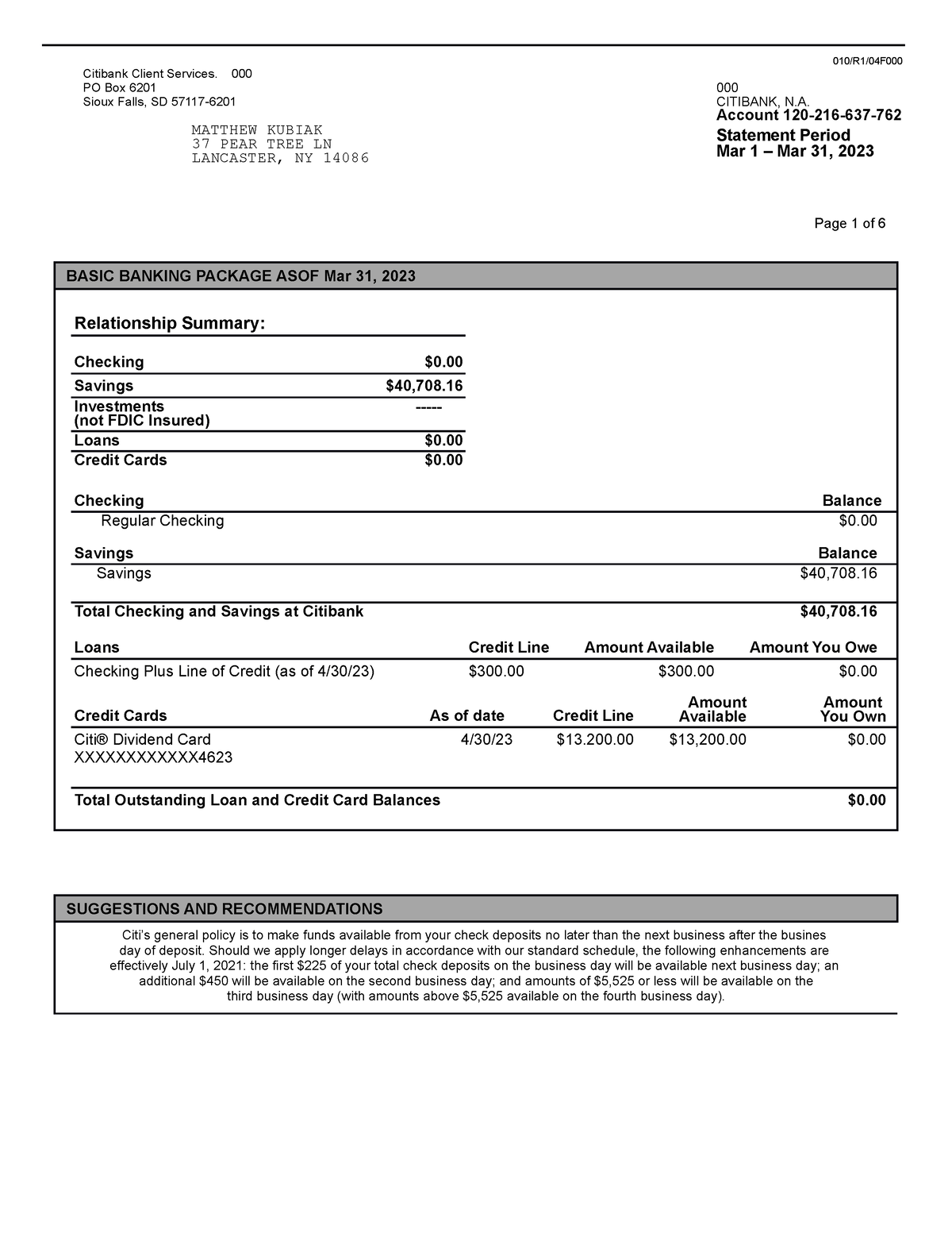 Citi apr - Citi bank - 010/R1/04F Citibank Client Services. 000 PO Box ...