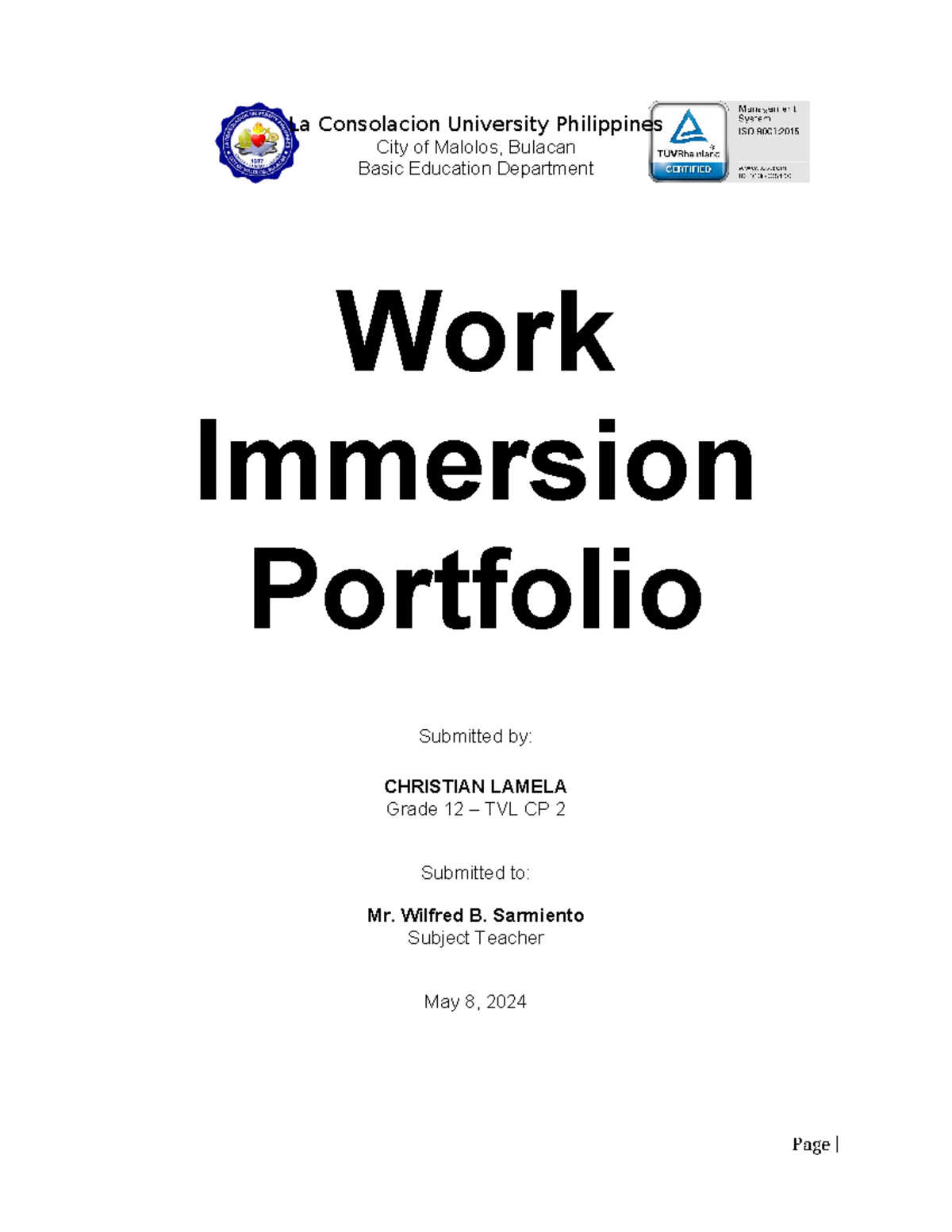 Work Immersion Portfolio - La Consolacion University Philippines City ...