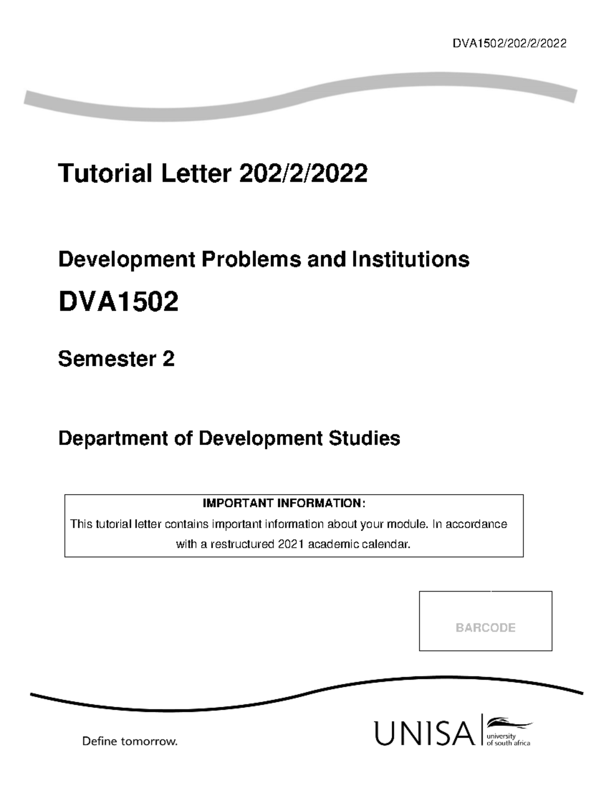 202 2022 Feedback - DVA1502/202/2/ Tutorial Letter 202/2/ Development ...