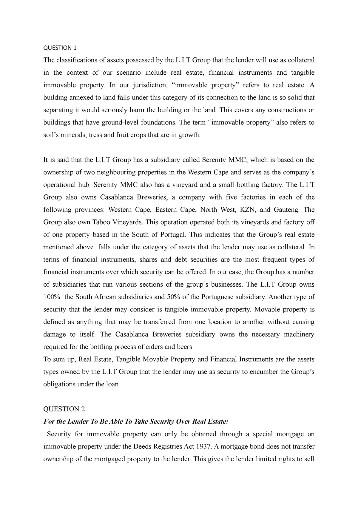 Bowmans Exercise - QUESTION 1 The Classifications Of Assets Possessed ...