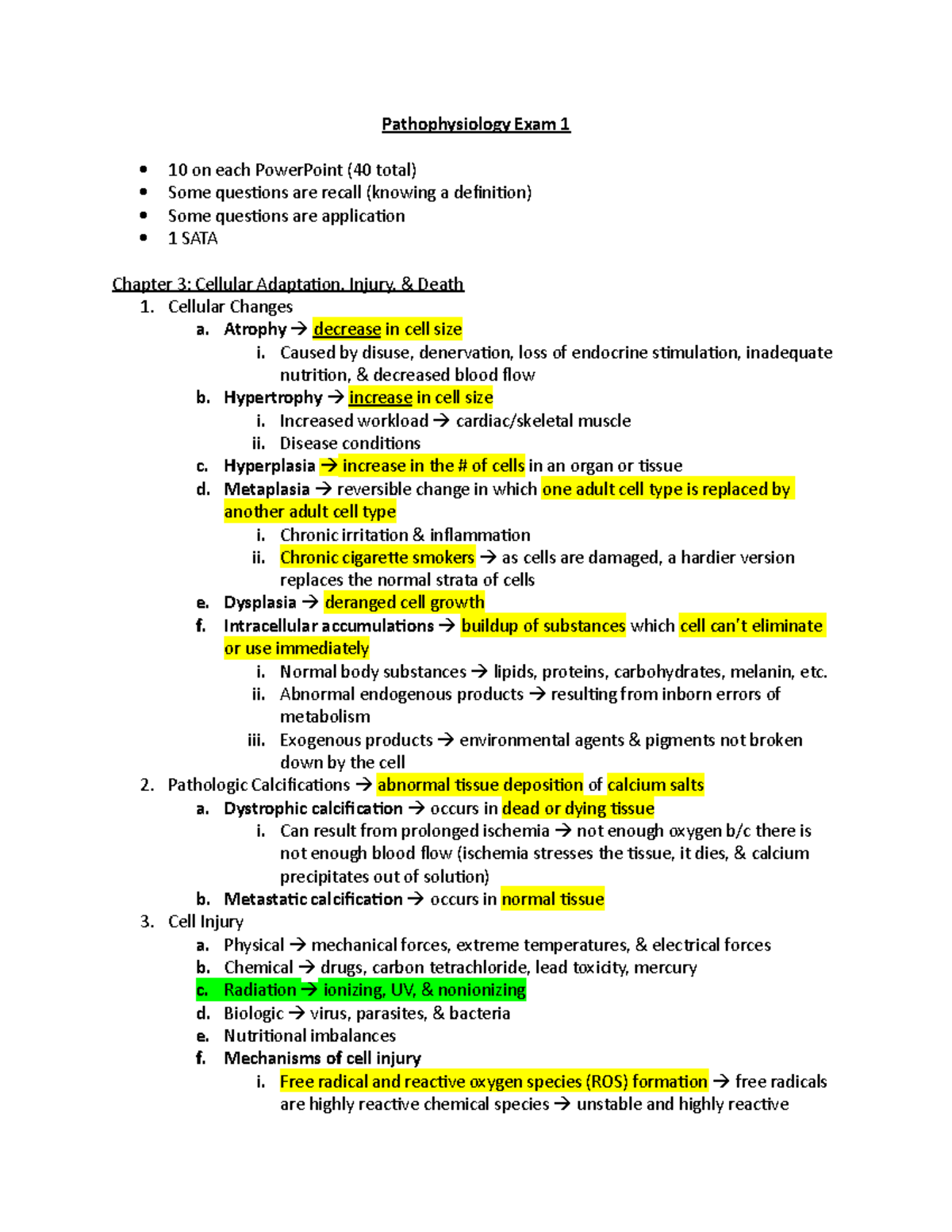 Pathophysiology Exam 1 Review - Pathophysiology Exam 1 10 on each ...