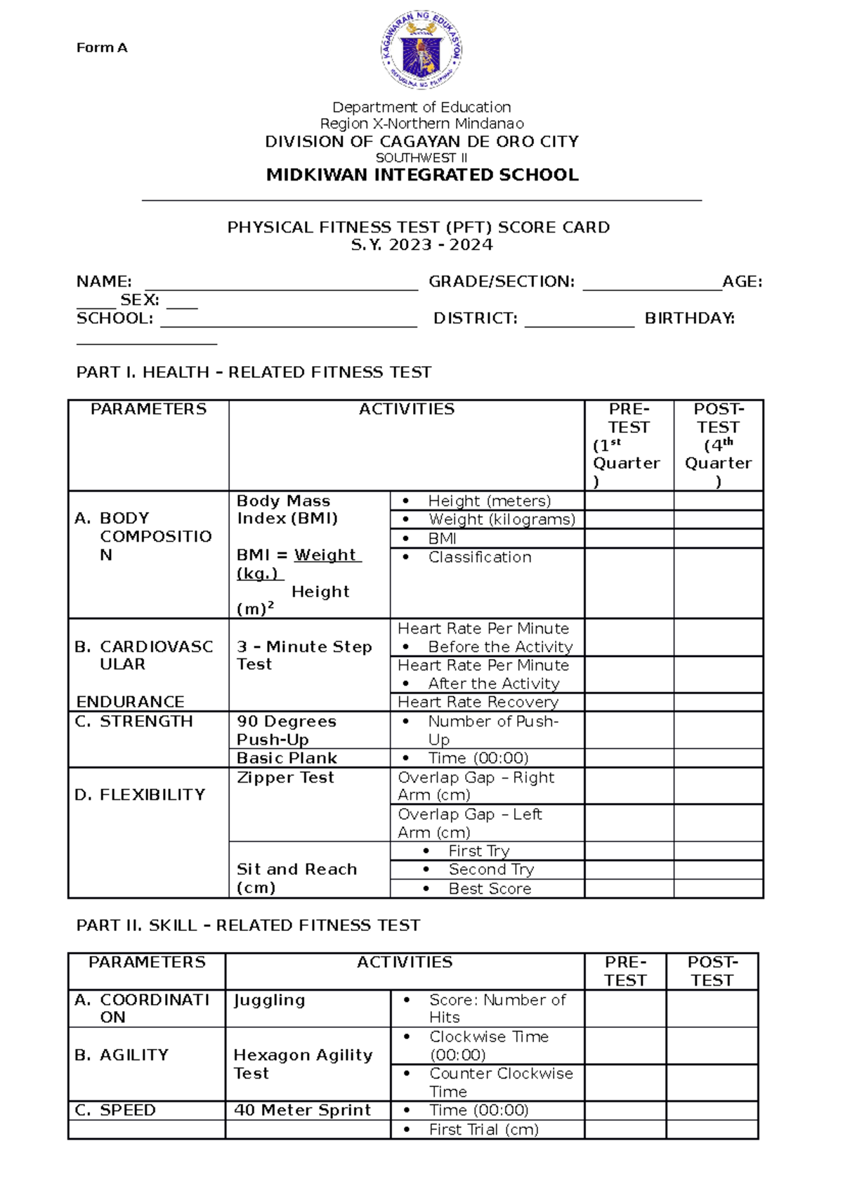Fitness Test Score Card - Form A Department of Education Region X ...