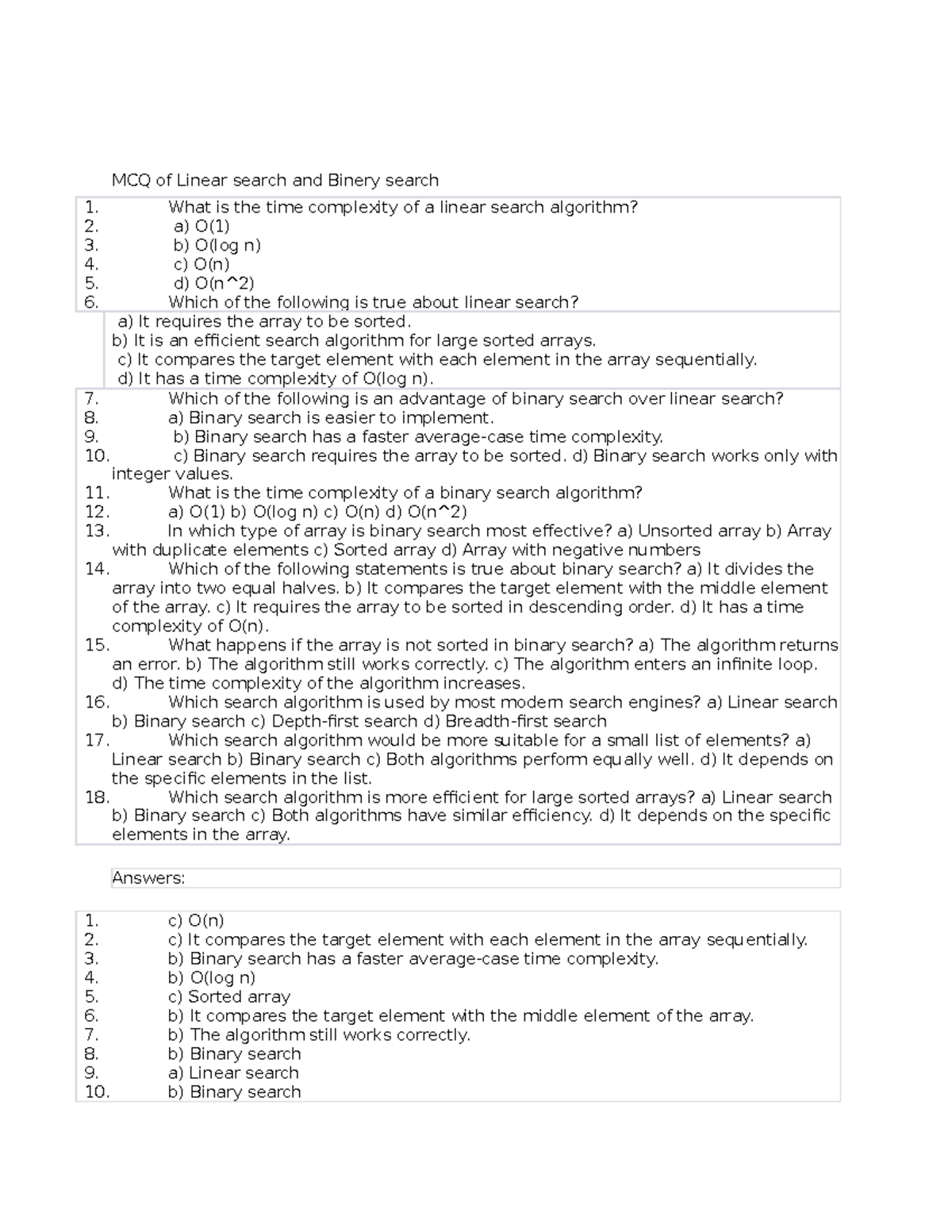 MCQ of Linear search and Binery search - b) It is an efficient search ...